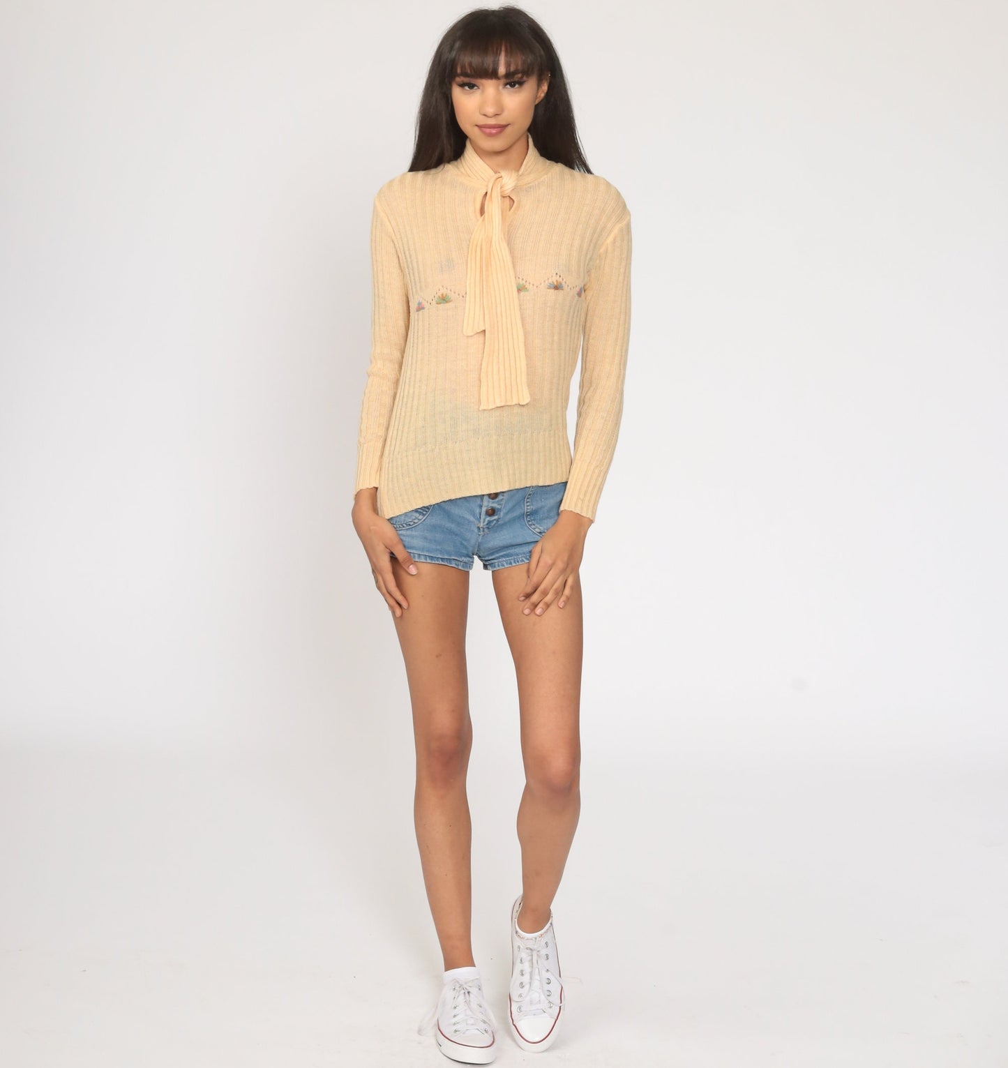 70s Floral Embroidered Ascot Sweater Pale Orange Knit Pullover Small