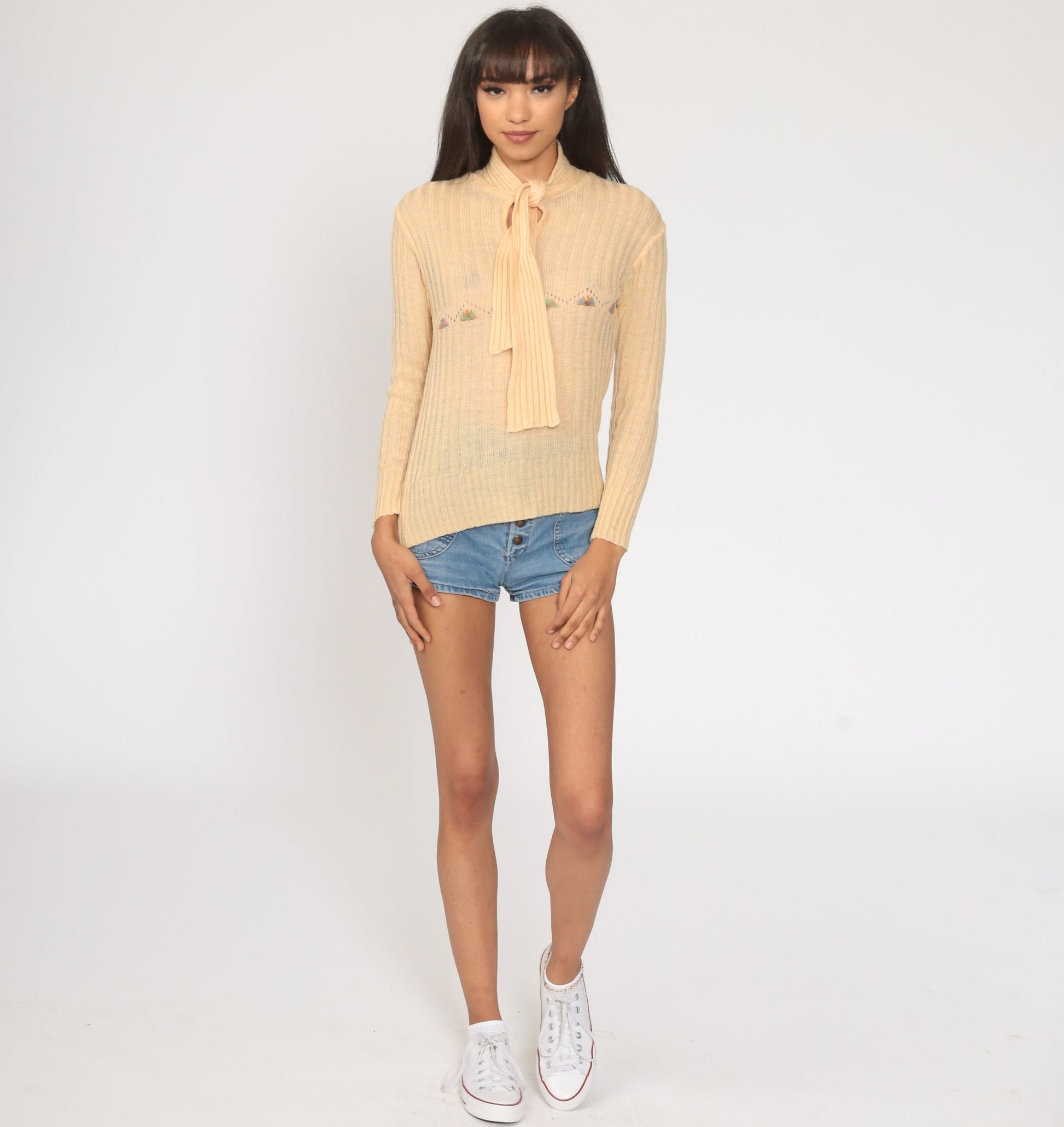 70s Floral Embroidered Ascot Sweater Pale Orange Knit Pullover Small