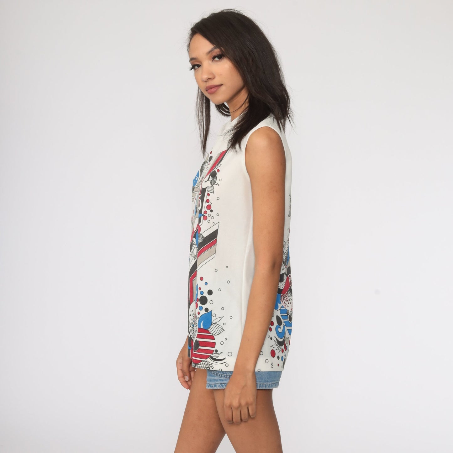 70s Psychedelic Yin Yang Floral Tank Top White Sleeveless Medium
