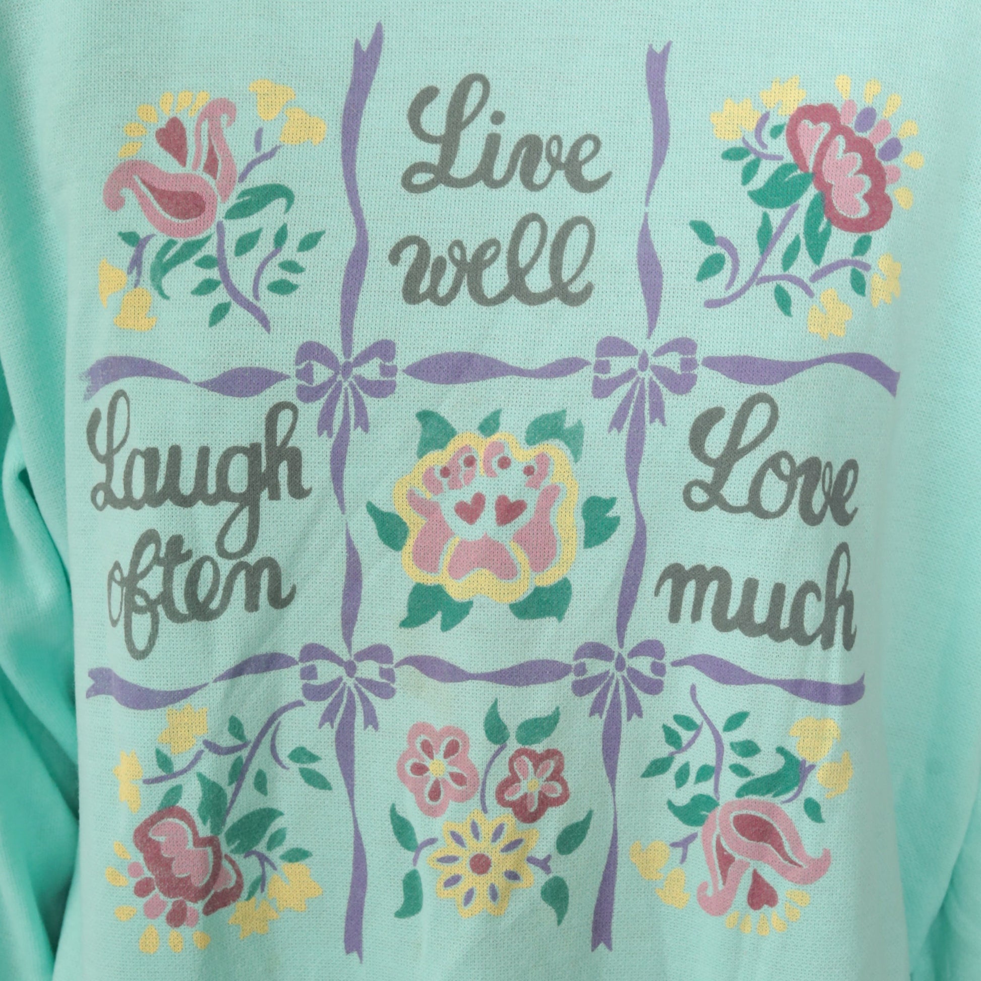 80s Live Laugh Love Slogan Sweatshirt Turquoise Graphic Crewneck Large