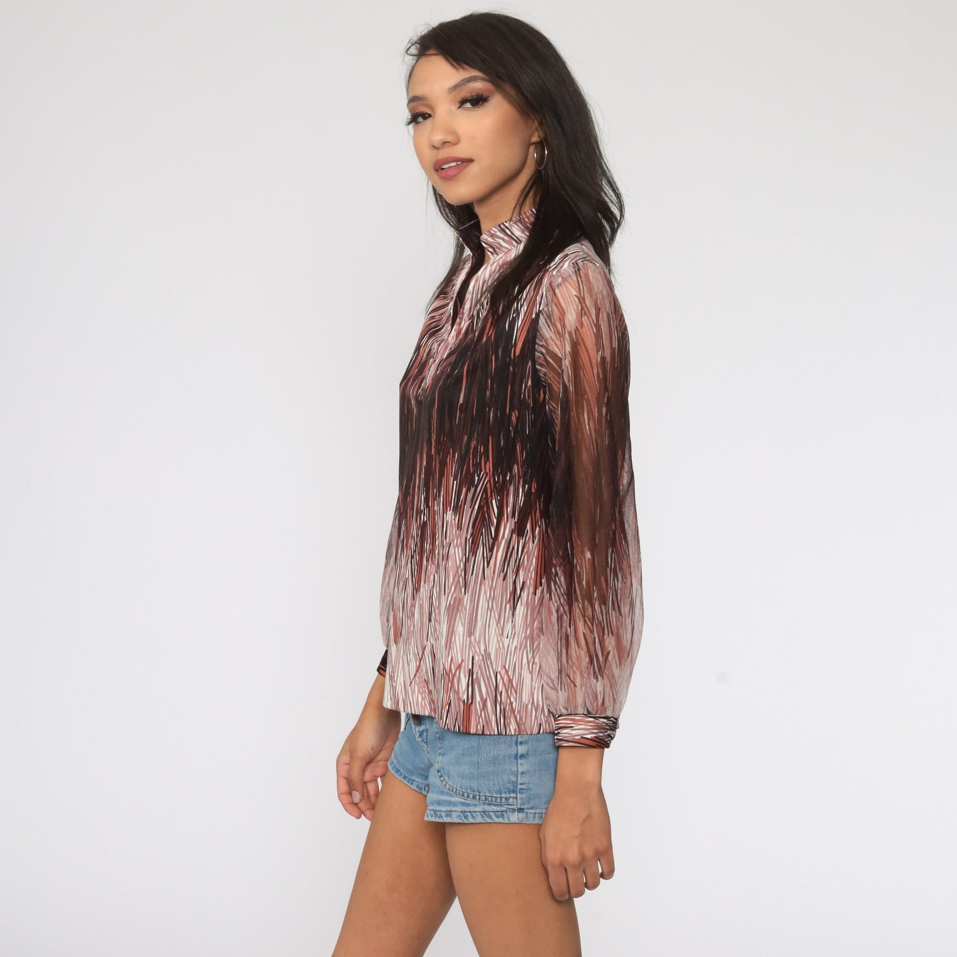 70s Brushstroke Blouse Brown Sheer Sleeve Vintage Top Medium
