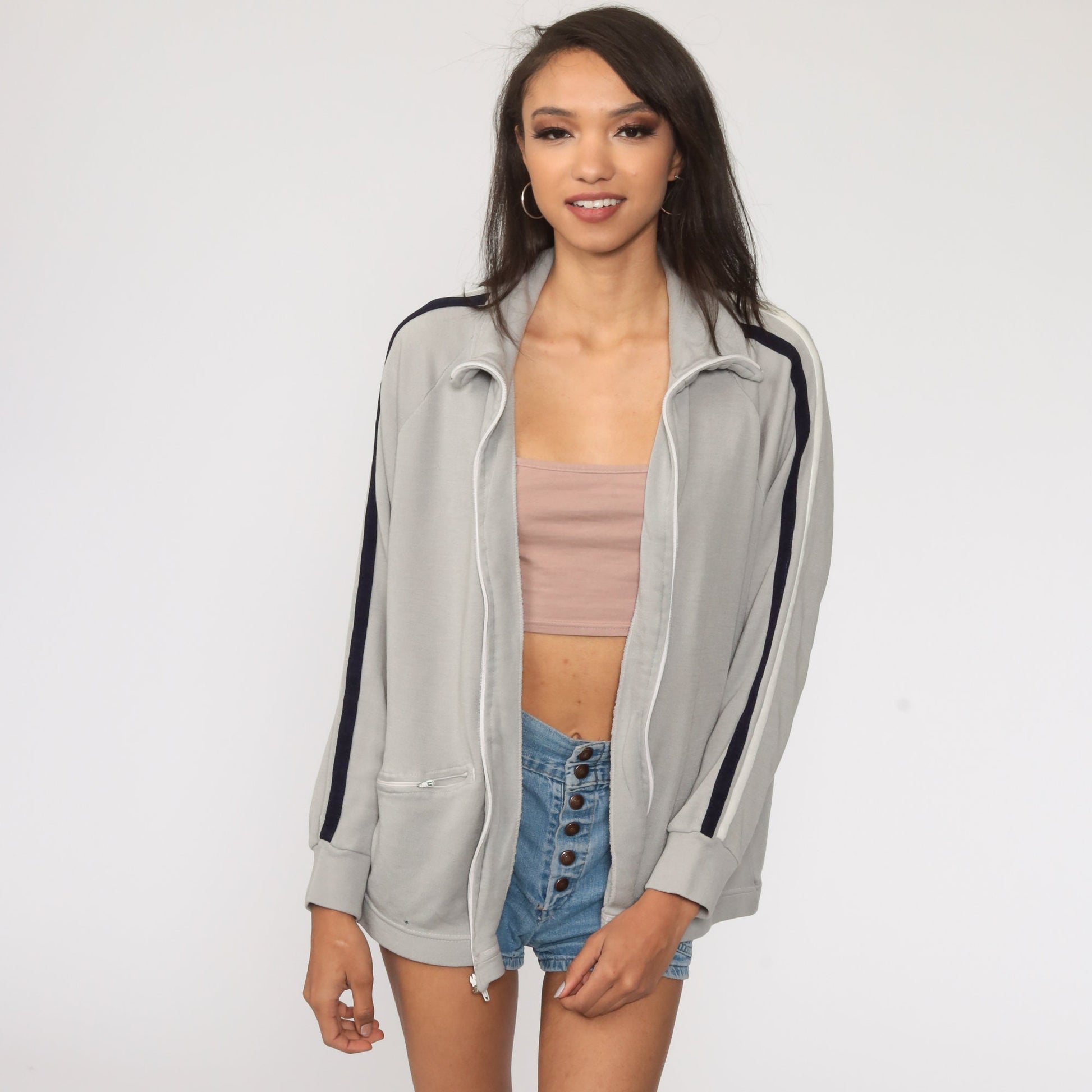 80s Oshman Track Jacket Grey Raglan Zip-Up Warmup Large
