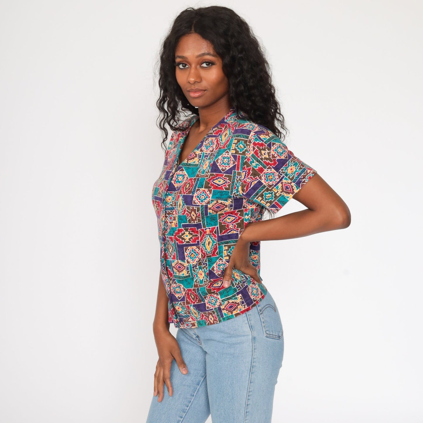 90s Geometric Tribal Print Cotton Button Up Shirt Medium