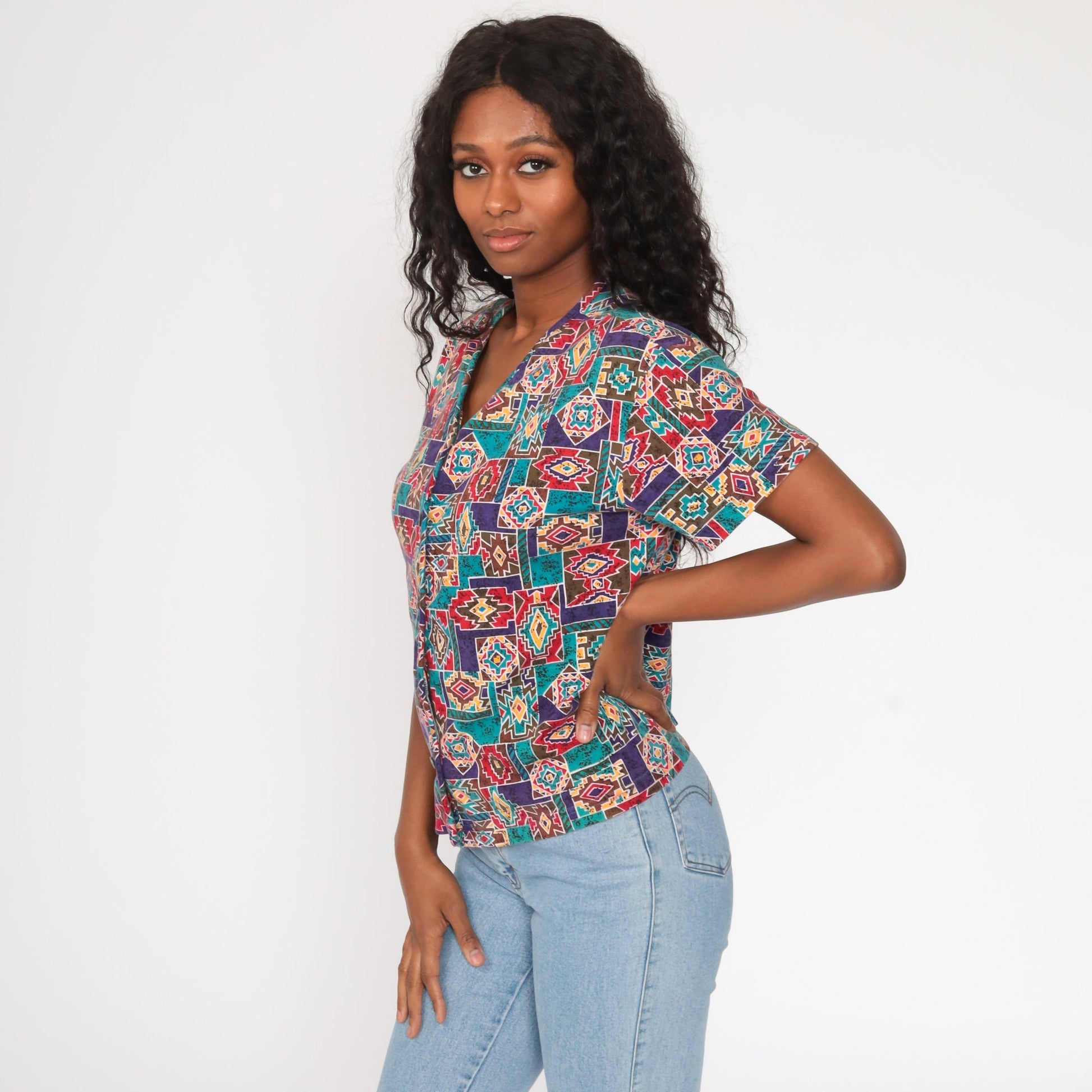 90s Geometric Tribal Print Cotton Button Up Shirt Medium