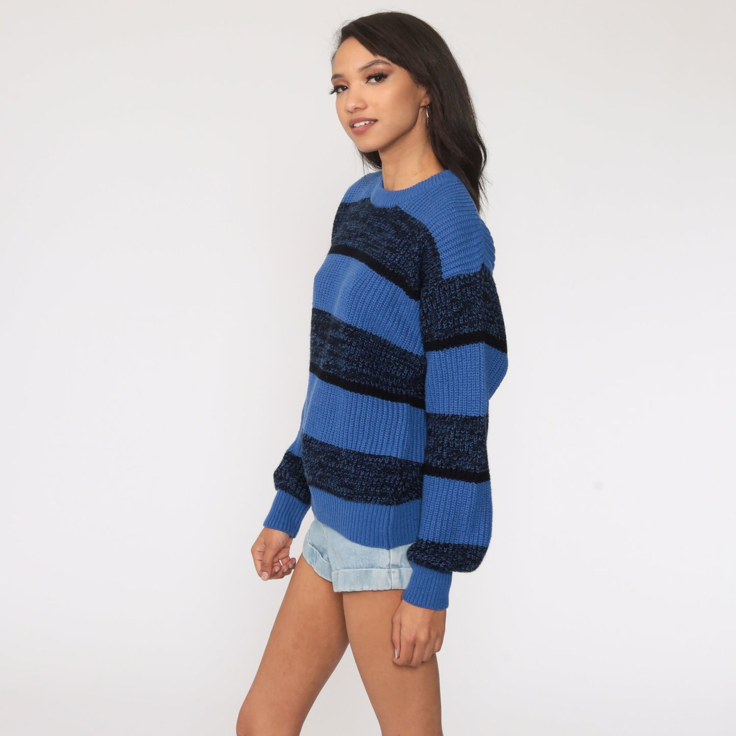 80s Blue Striped Space Dye Knit Sweater Slouchy Pullover Small