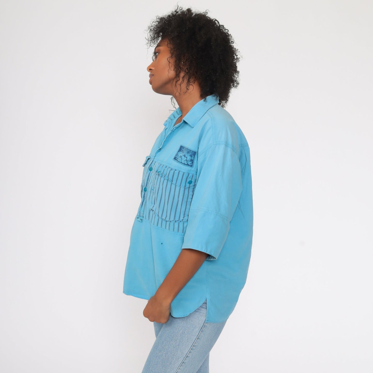 90s Tropical Palm Tree Button Up Shirt Blue Striped Distressed Medium Large