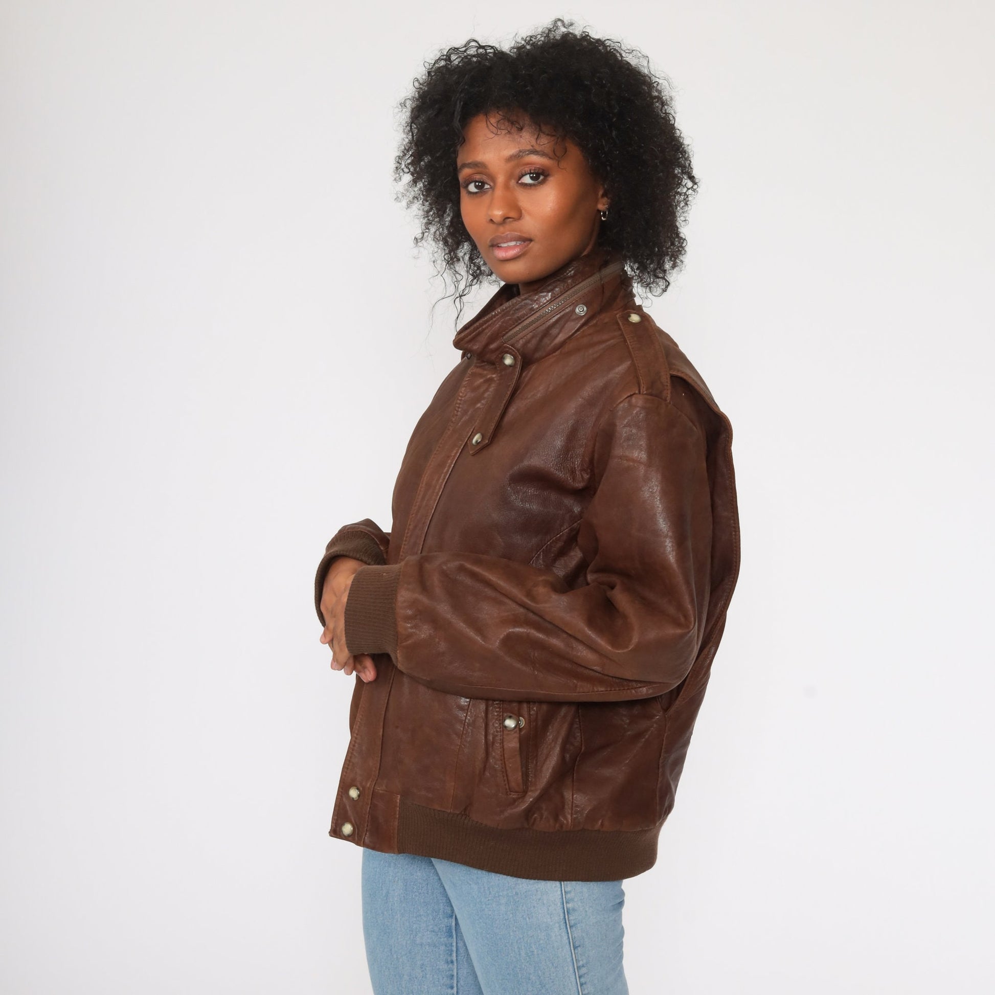 80s Brown Leather Bomber Jacket Moto Cafe Racer Men's Large 44