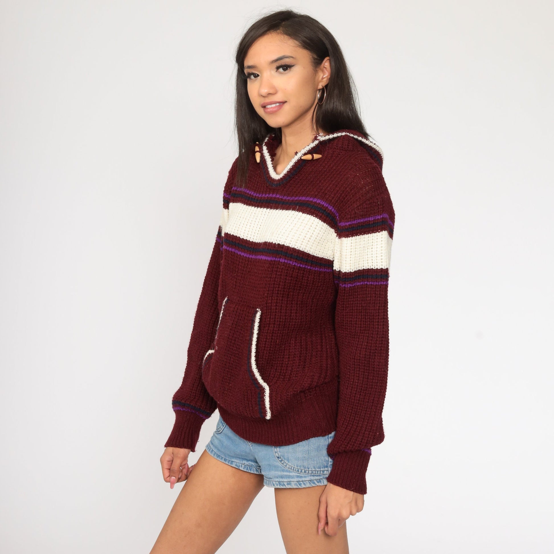 70s-80s Burgundy Striped Knit Hoodie Pullover Small Medium