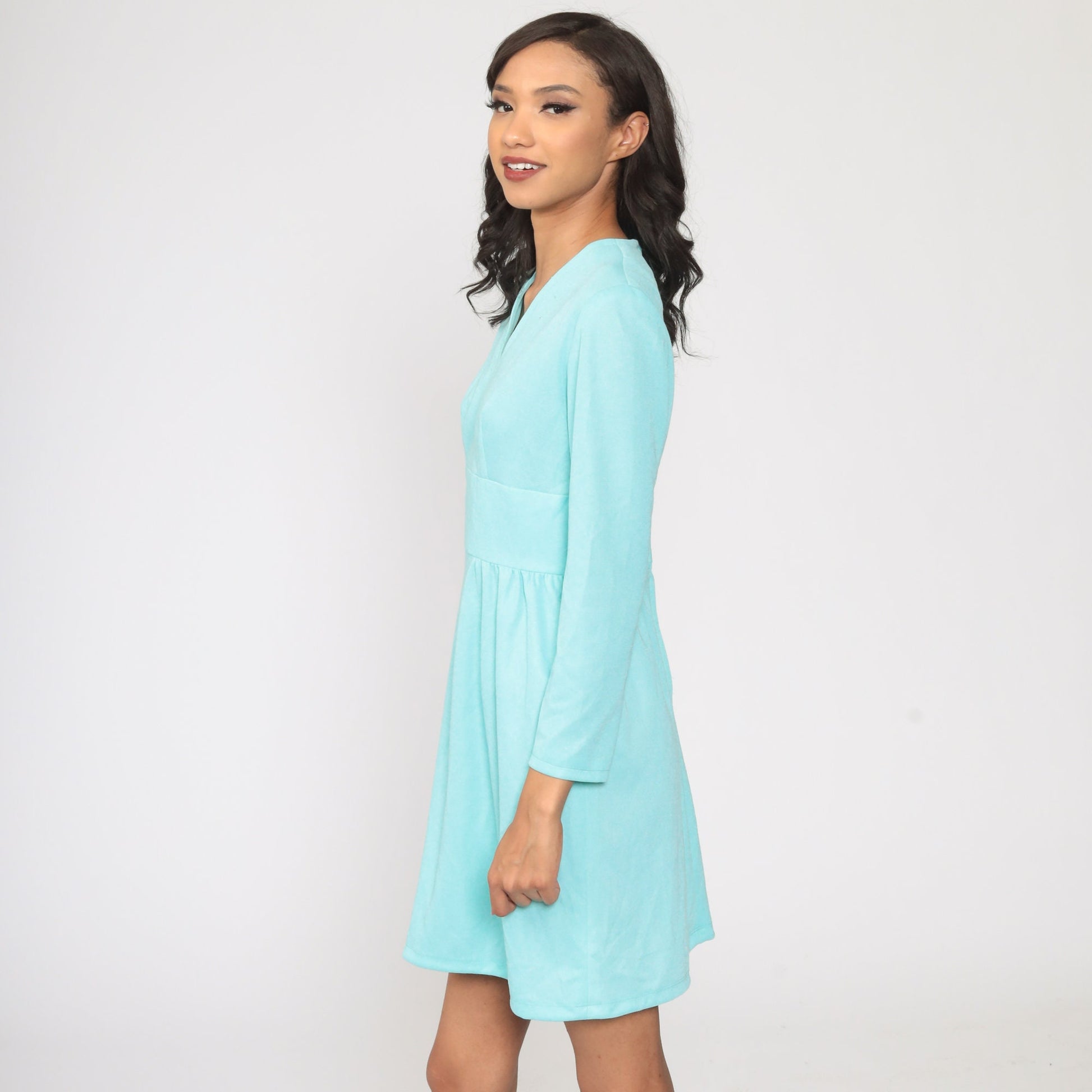 70s Blue Babydoll Mini Dress Deep V Neck Empire Waist Long Sleeve Small S