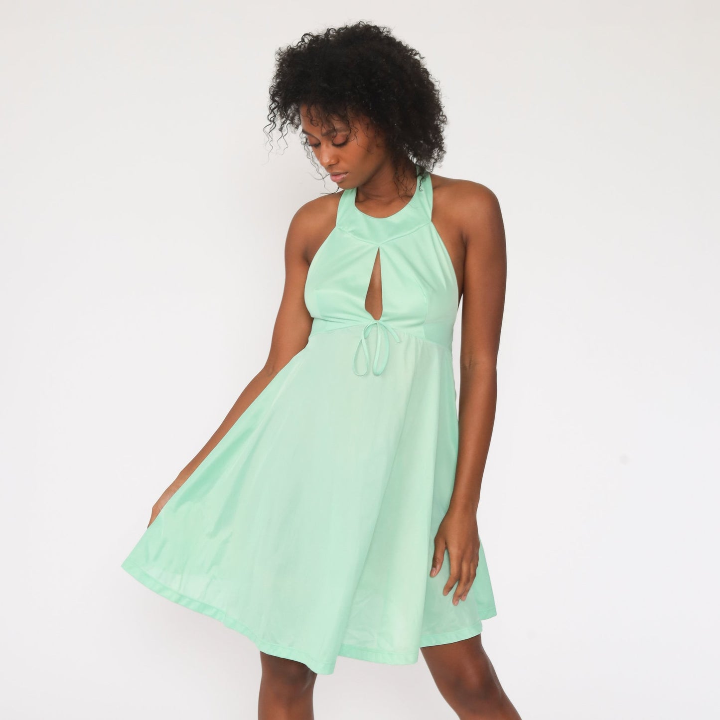 70s Green Halter Mini Dress Keyhole Chest Empire Waist Open Back Extra Small