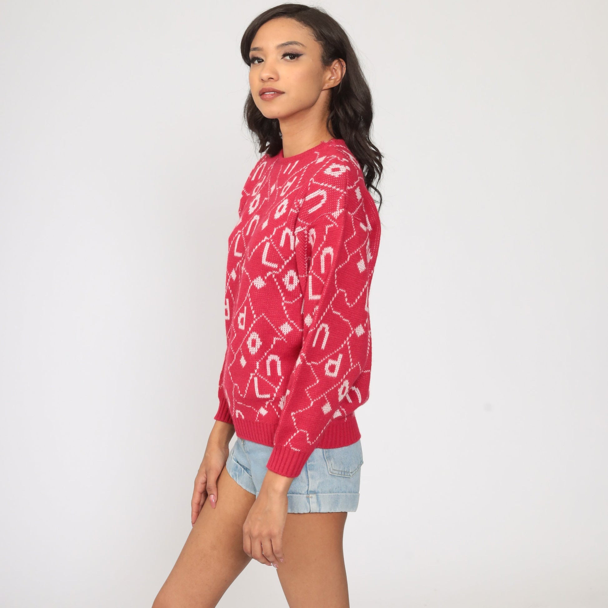 80s London Spellout Knit Sweater Pink Geometric Pullover Small S