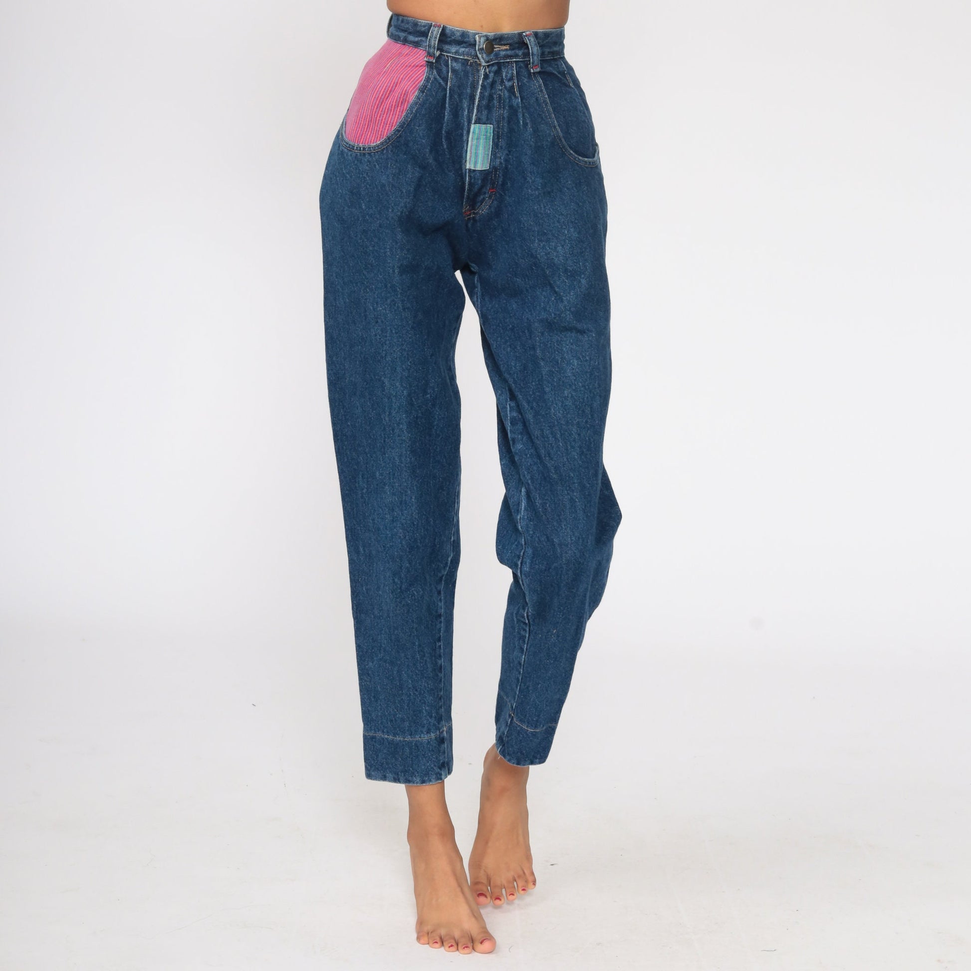 90s High Waisted Pleated Mom Jeans Blue Stone Wash Plaid Trim XXS