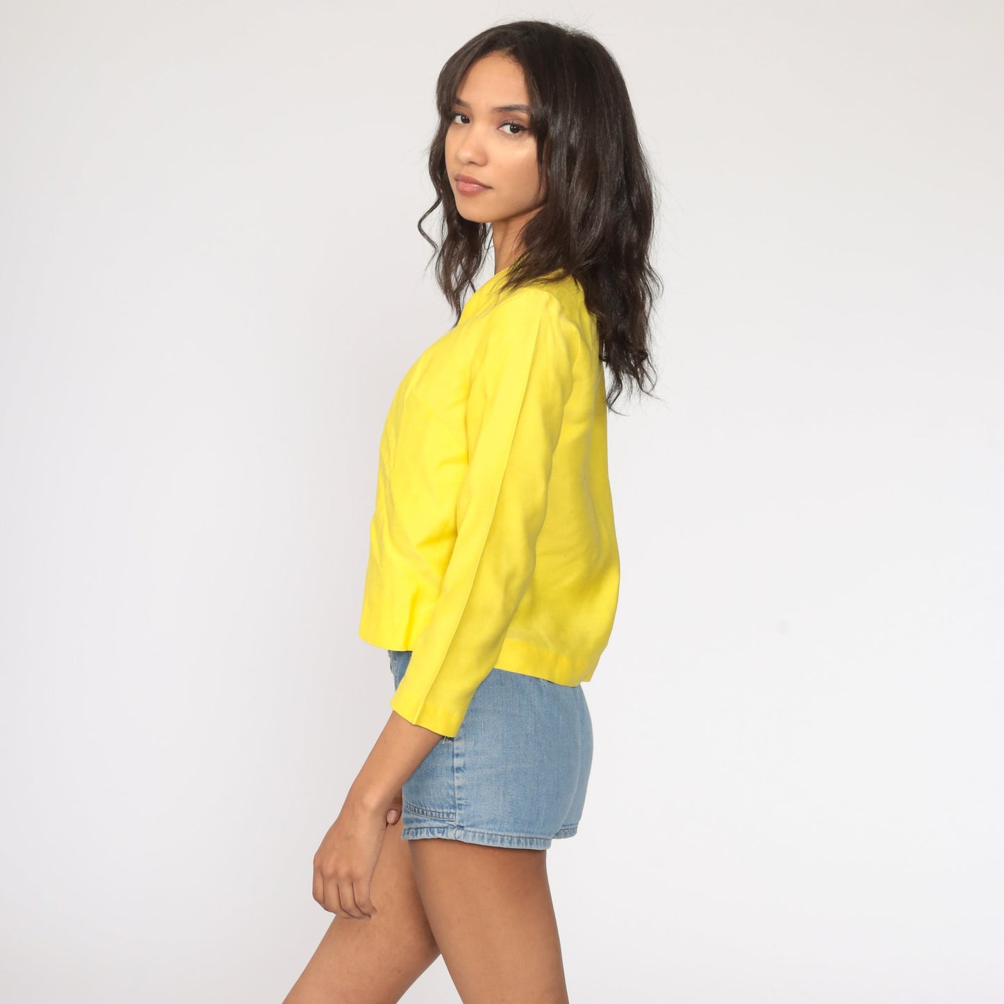60s Yellow Mod Blazer Cropped Pearl Button Jacket Small