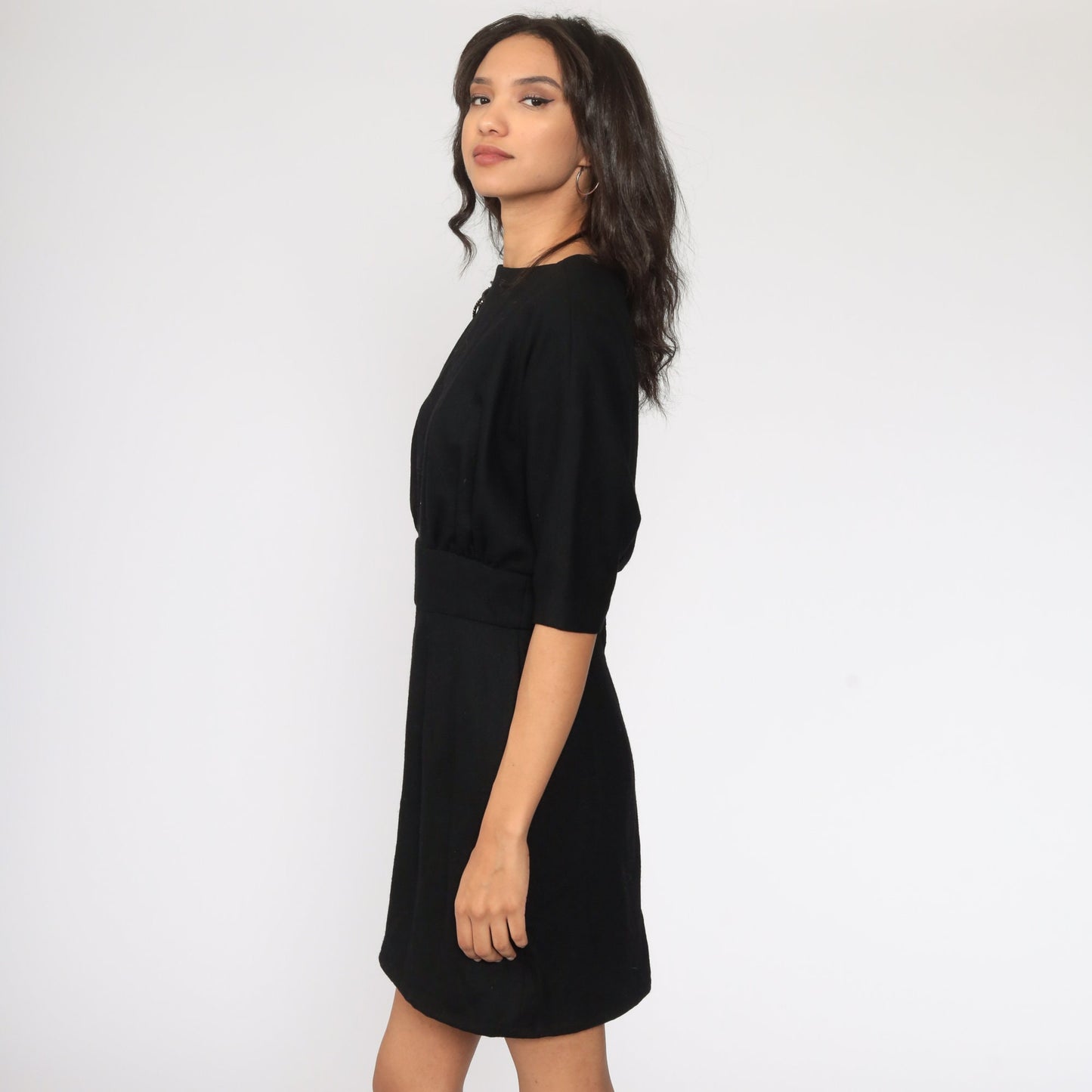 1950s Suzy Perette Black Wool Sheath Dress Dolman Sleeve Small