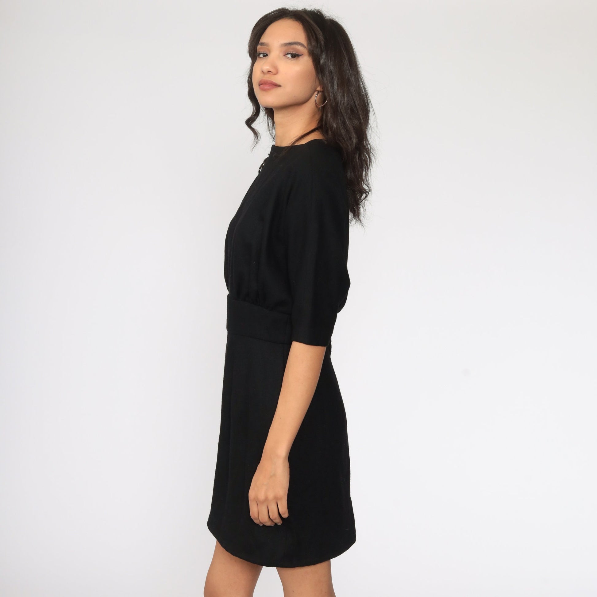 1950s Suzy Perette Black Wool Sheath Dress Dolman Sleeve Small