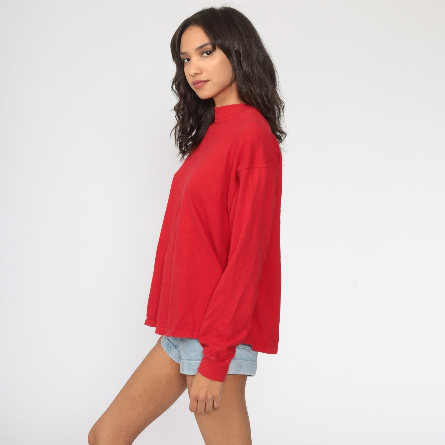 80s Plain Red Long Sleeve Cotton T-Shirt Medium