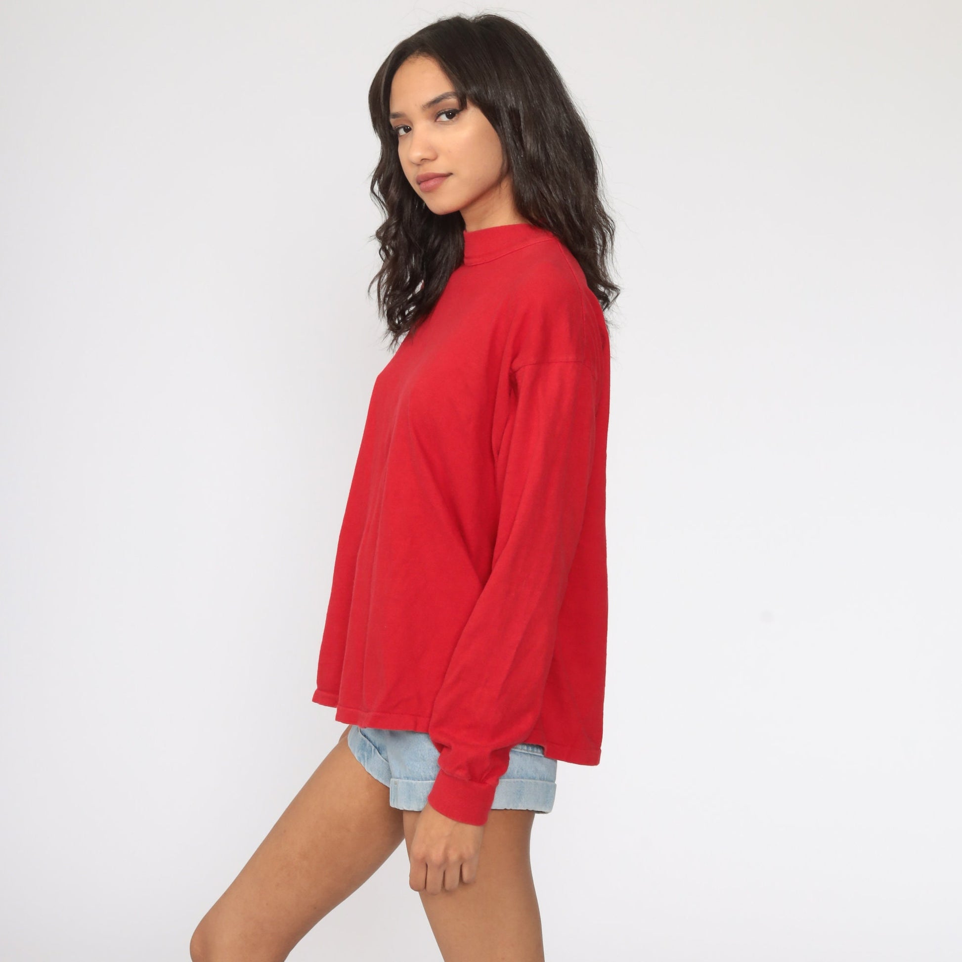 80s Plain Red Long Sleeve Cotton T-Shirt Medium