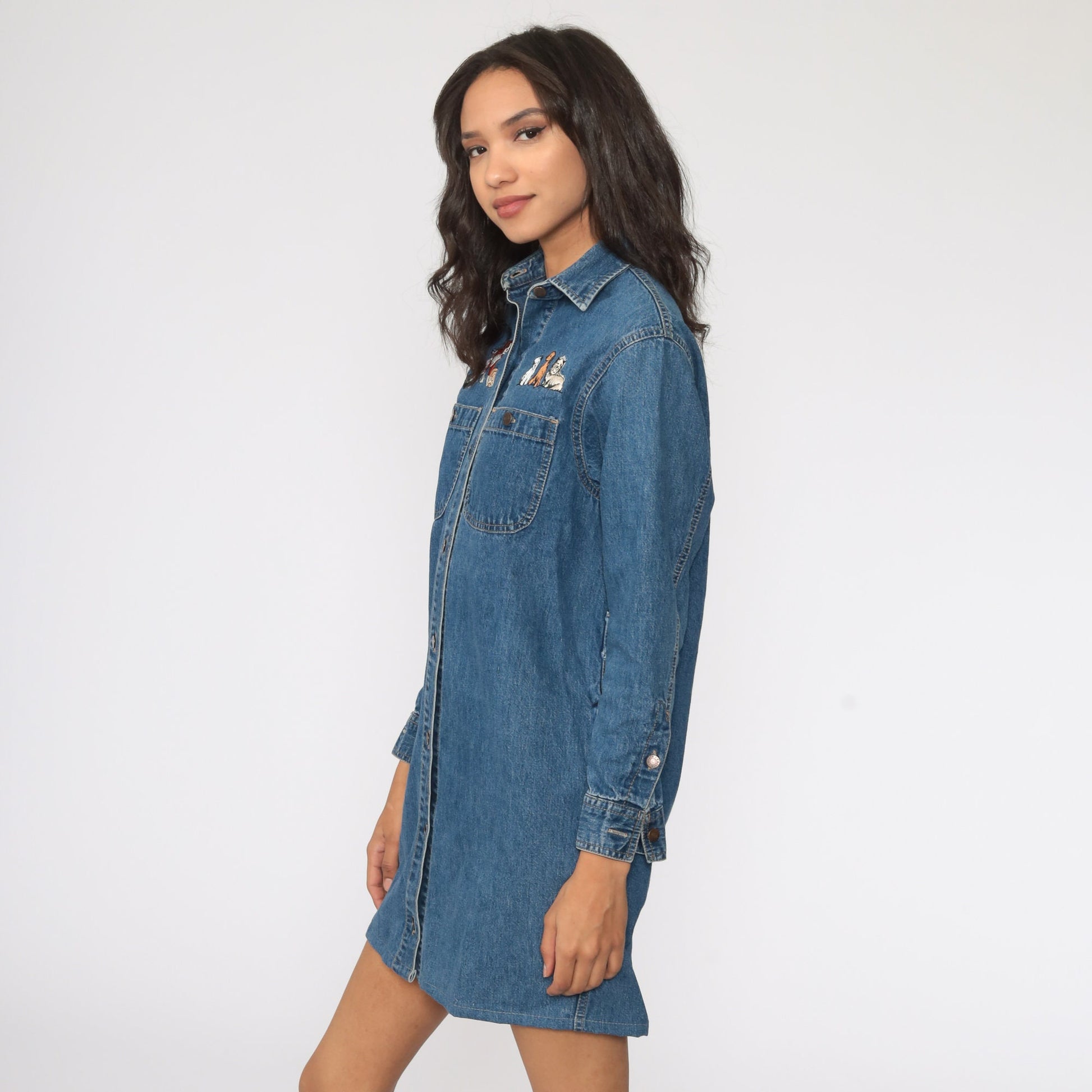 90s Calvin Klein Denim Mini Dress Embroidered Dogs Blue Button-Up Small