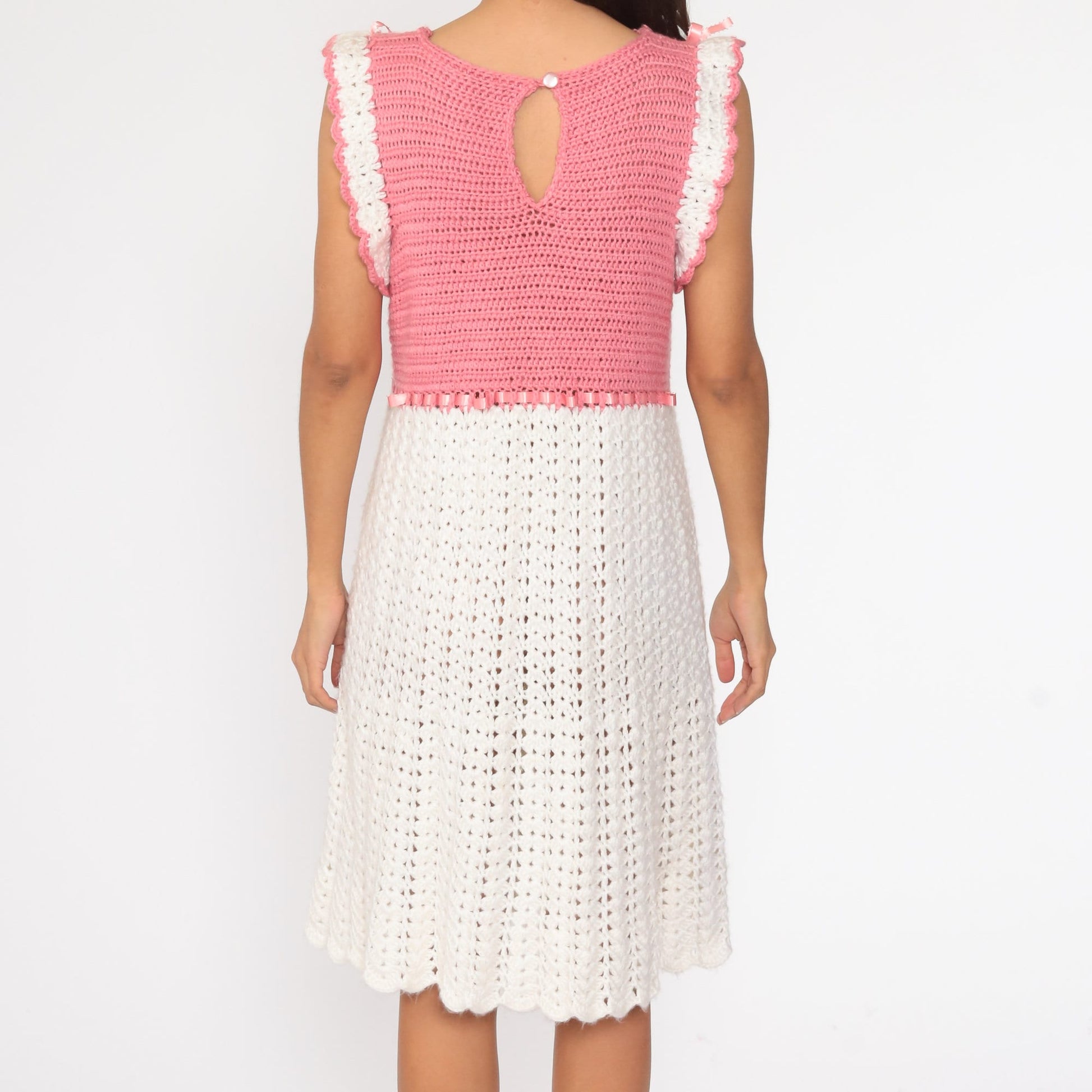 70s Crochet Knit Midi Dress Pink White Cap Sleeve Cutout Small Medium