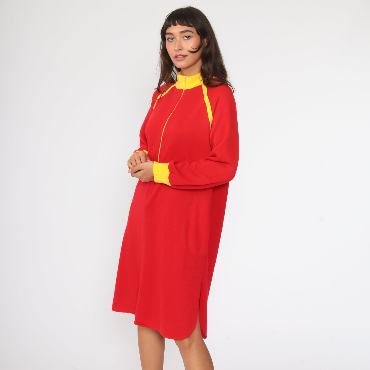 80s Red Pajama Dress Nightgown Yellow Trim Zip Front Mini
