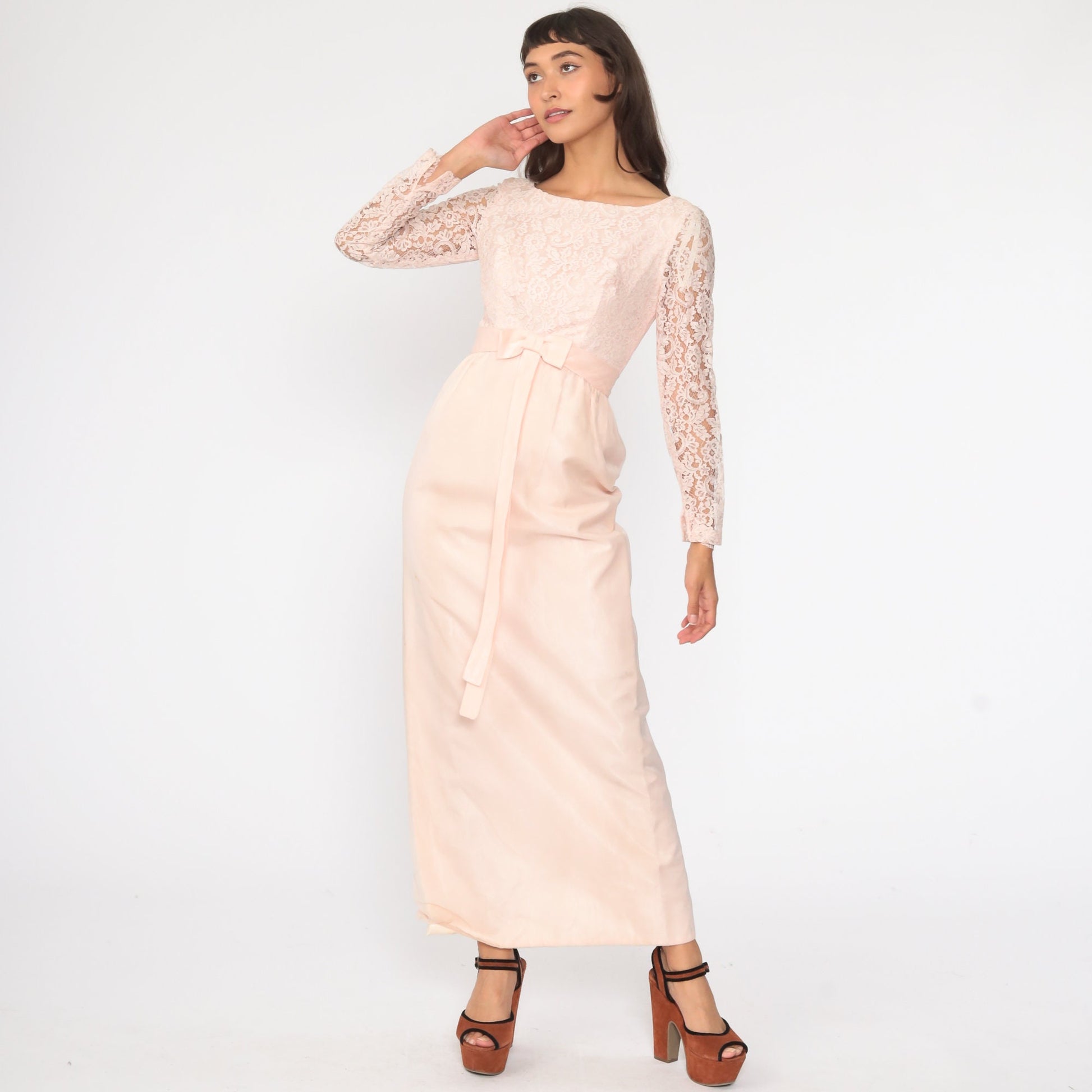 1950s Baby Pink Lace Cocktail Dress Bow Waist Pencil Skirt Extra Small