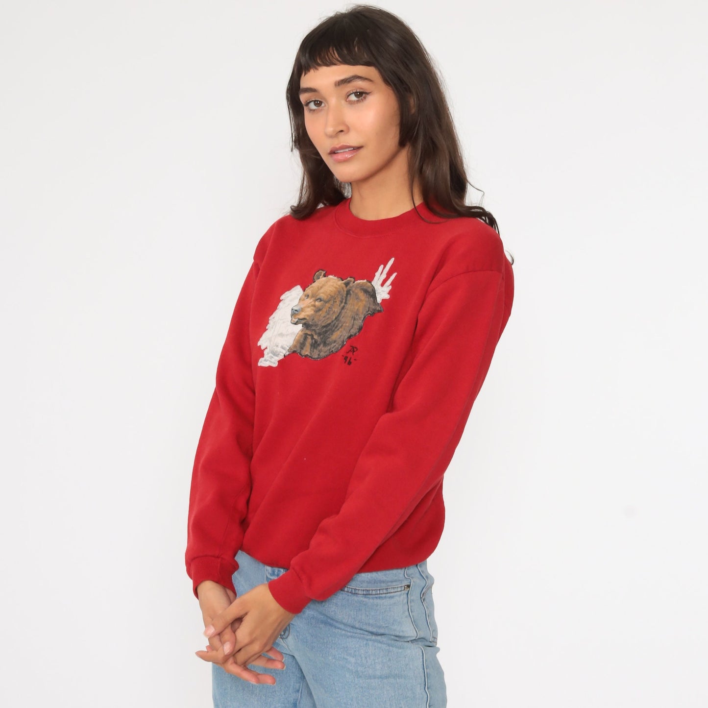 90s Bear Graphic Sweatshirt Red Crewneck Wildlife Print Small