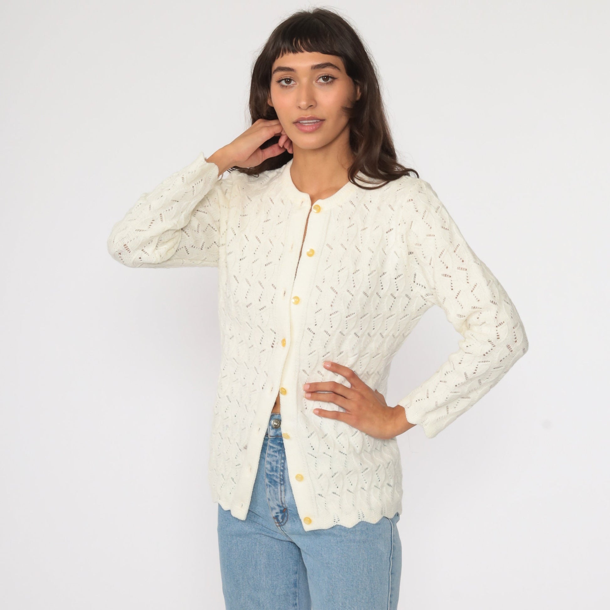70s Off-White Pointelle Cardigan Sweater Button Up Small