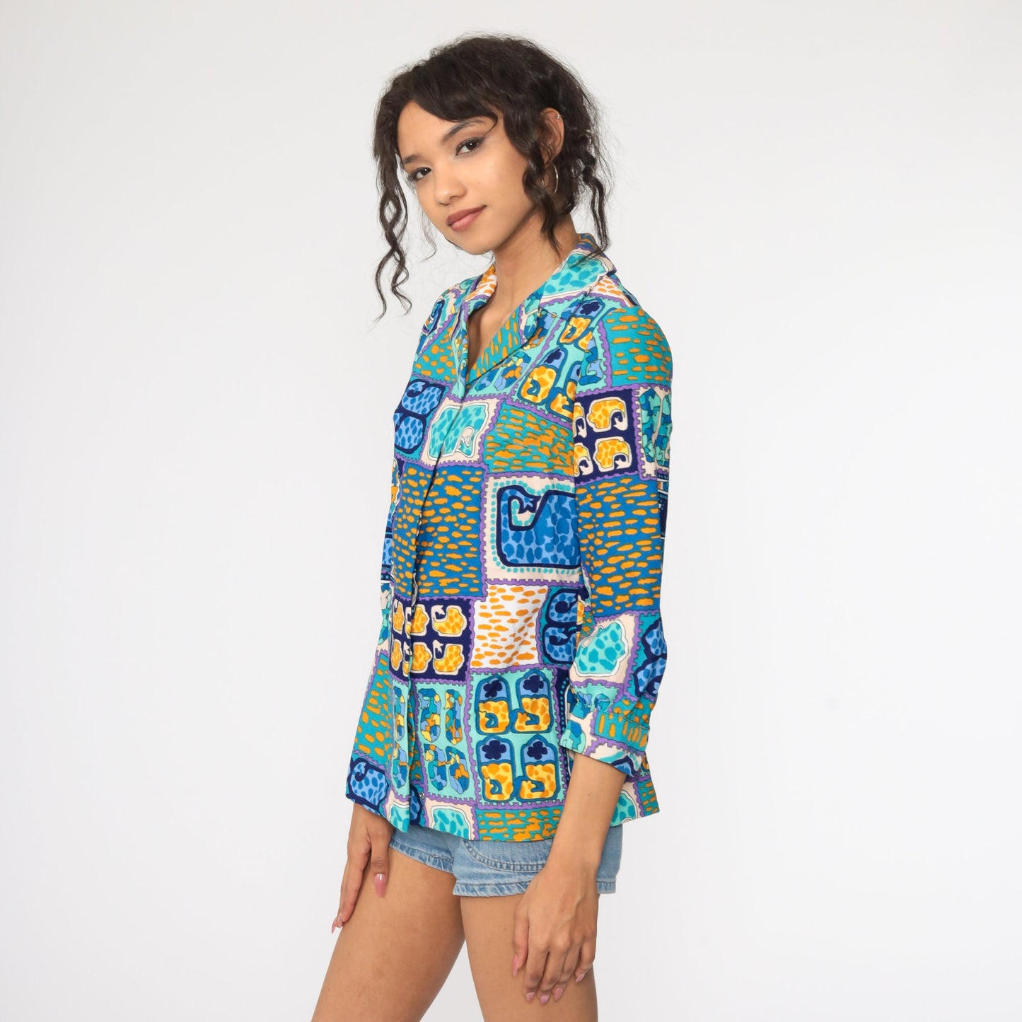 70s Psychedelic Acid Print Button-Up Shirt Blue 3/4 Sleeve Small