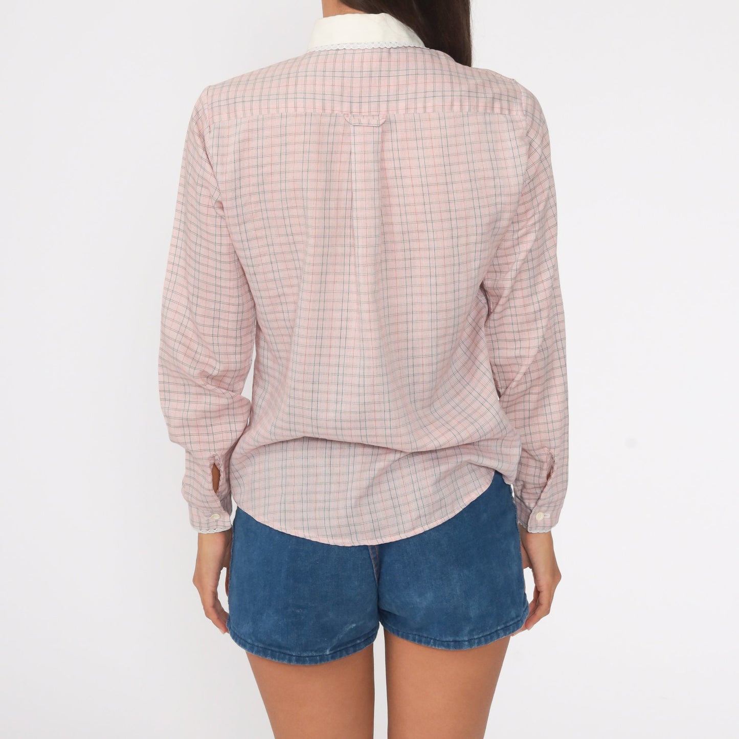 80s Pink Blue Plaid Button-Down Blouse Peter Pan Collar Long Sleeve Small