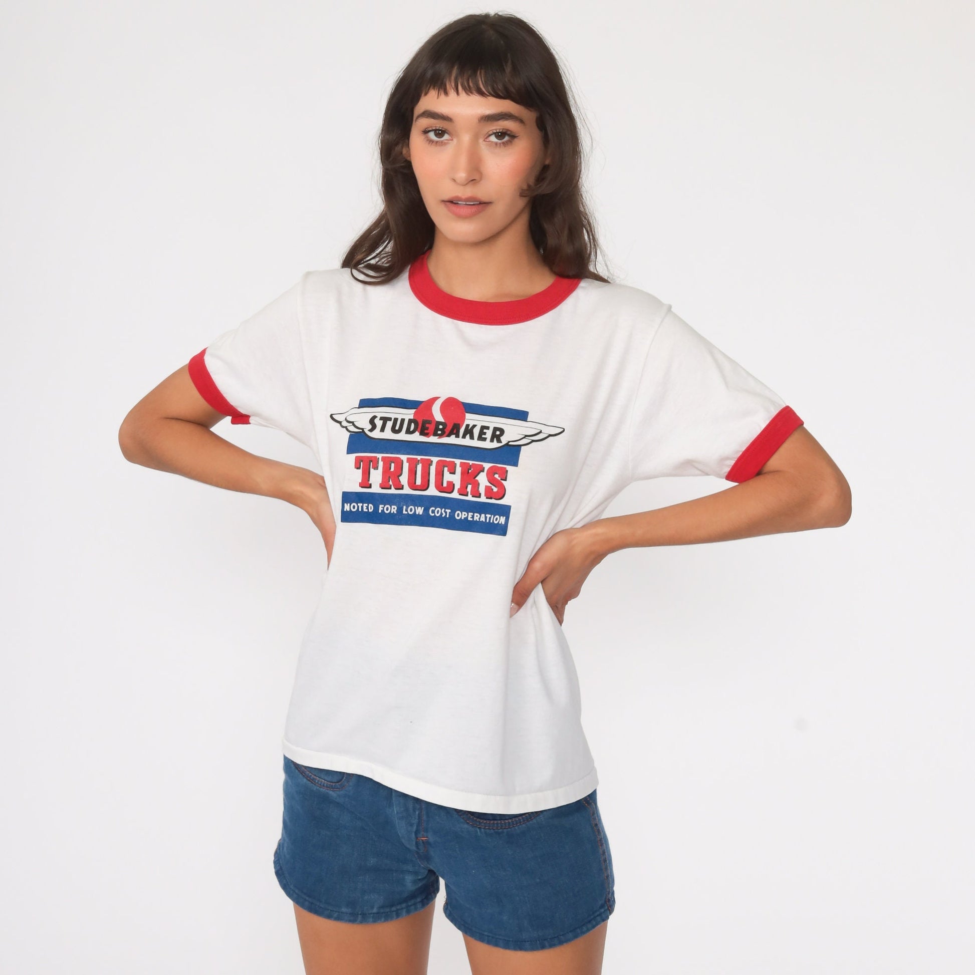 80s Studebaker Trucks Ringer Tee White Red Graphic Short Sleeve Medium