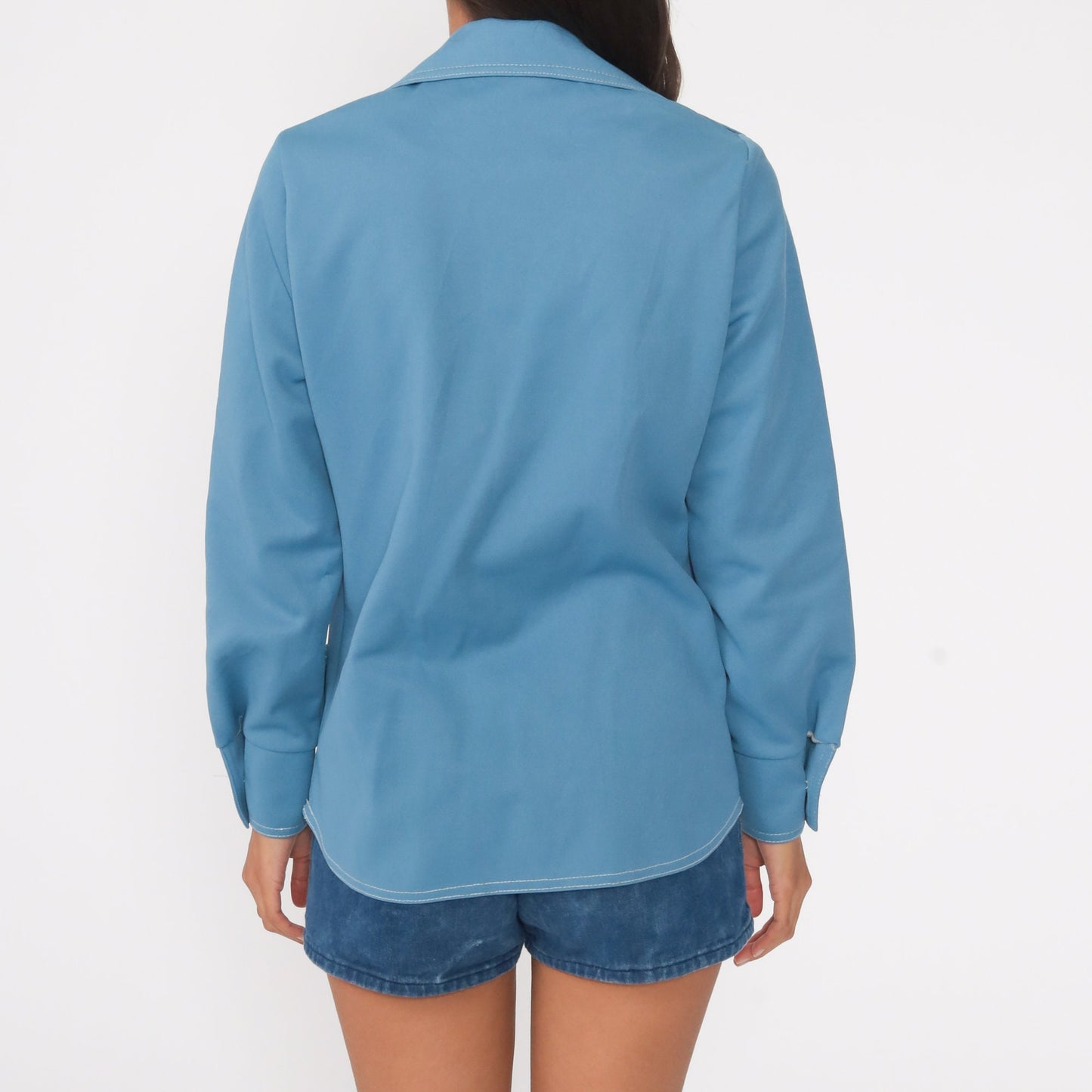 70s Blue Dagger Collar Button-Up Shirt Long Sleeve Small Medium