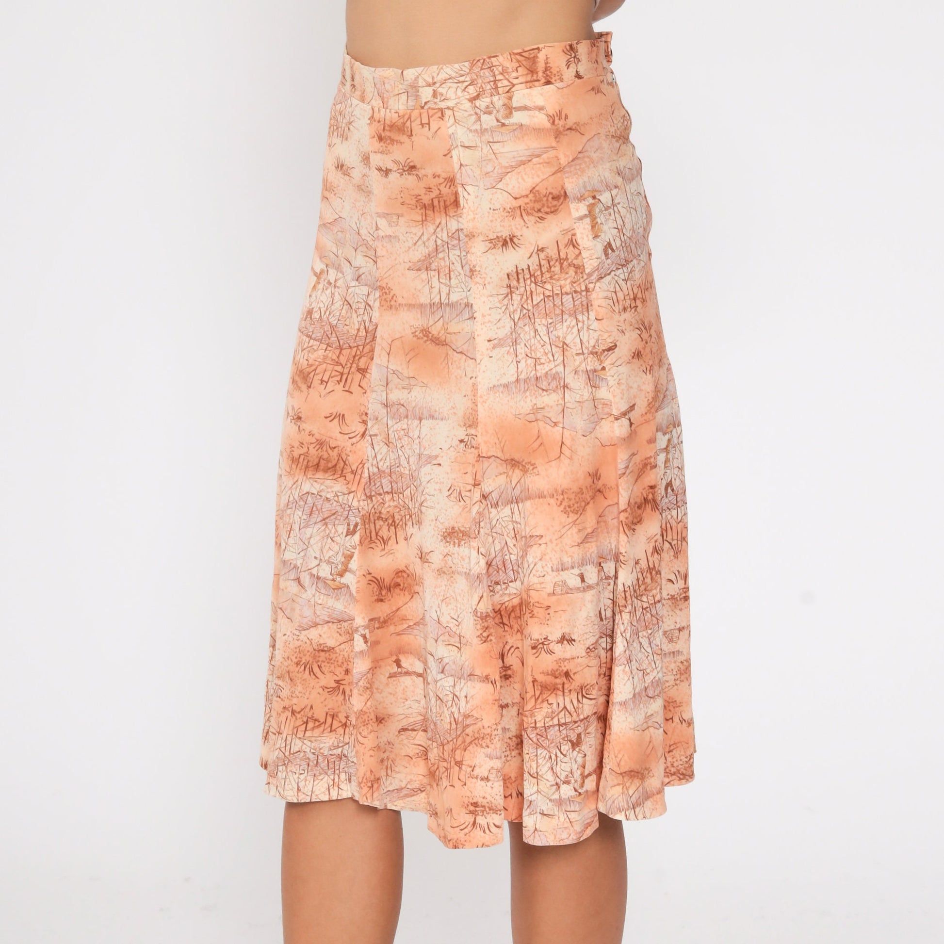 70s Asian Print Midi Skirt High Waist Orange Novelty Vintage Extra Small