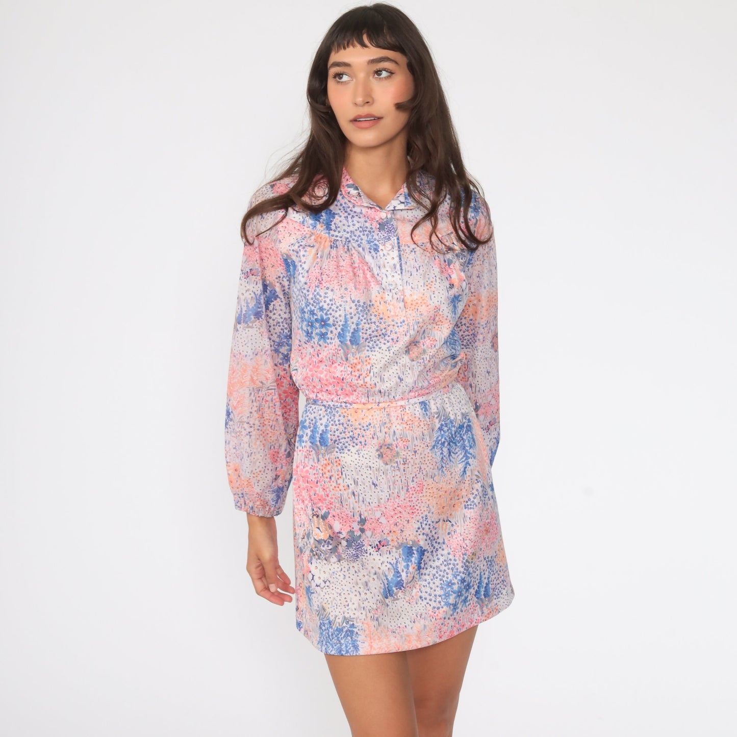 70s Floral Mini Dress Pink Purple Long Sleeve High Waist Button Up Medium Large