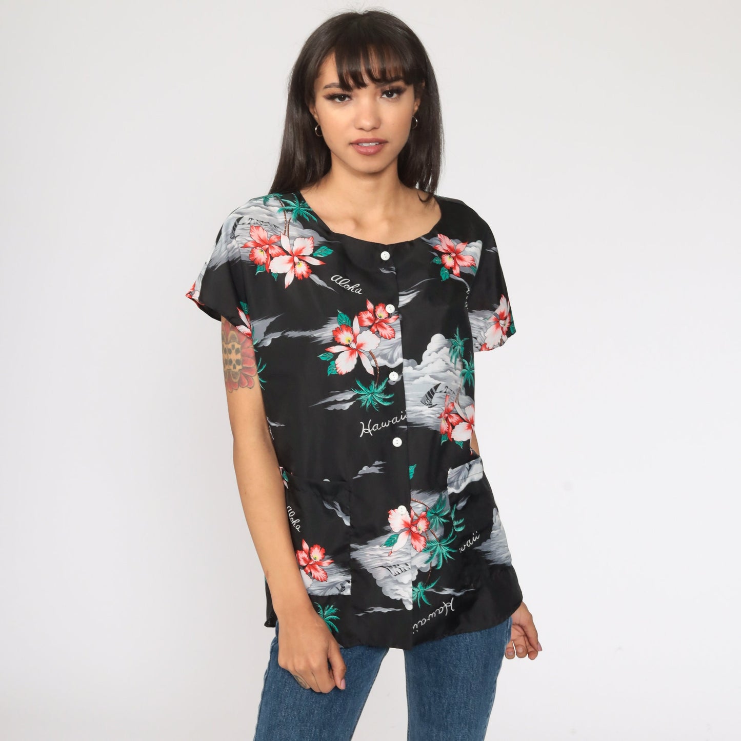 80s Tropical Floral Hawaiian Button-Up Blouse Black Hibiscus Print Medium Large
