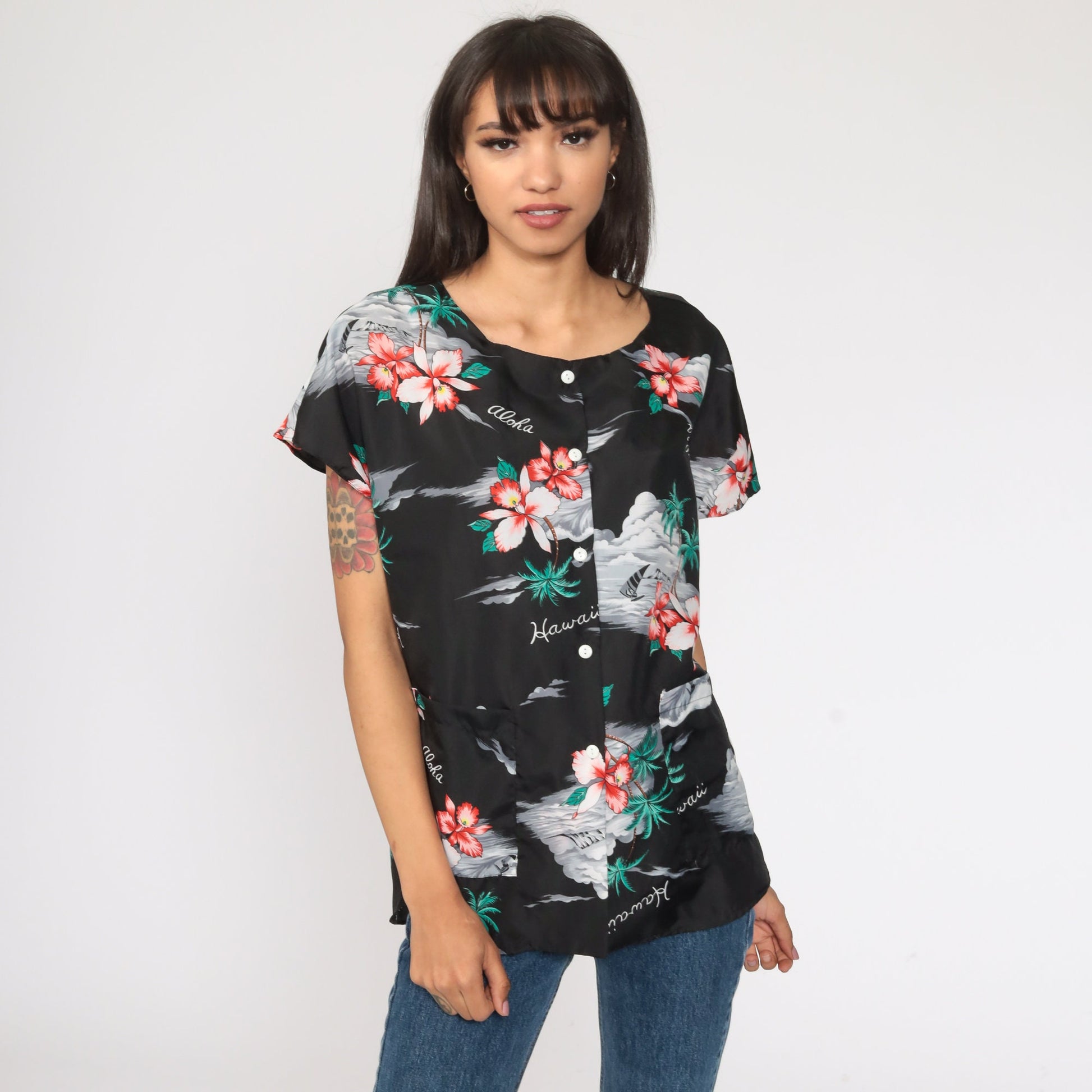 80s Tropical Floral Hawaiian Button-Up Blouse Black Hibiscus Print Medium Large