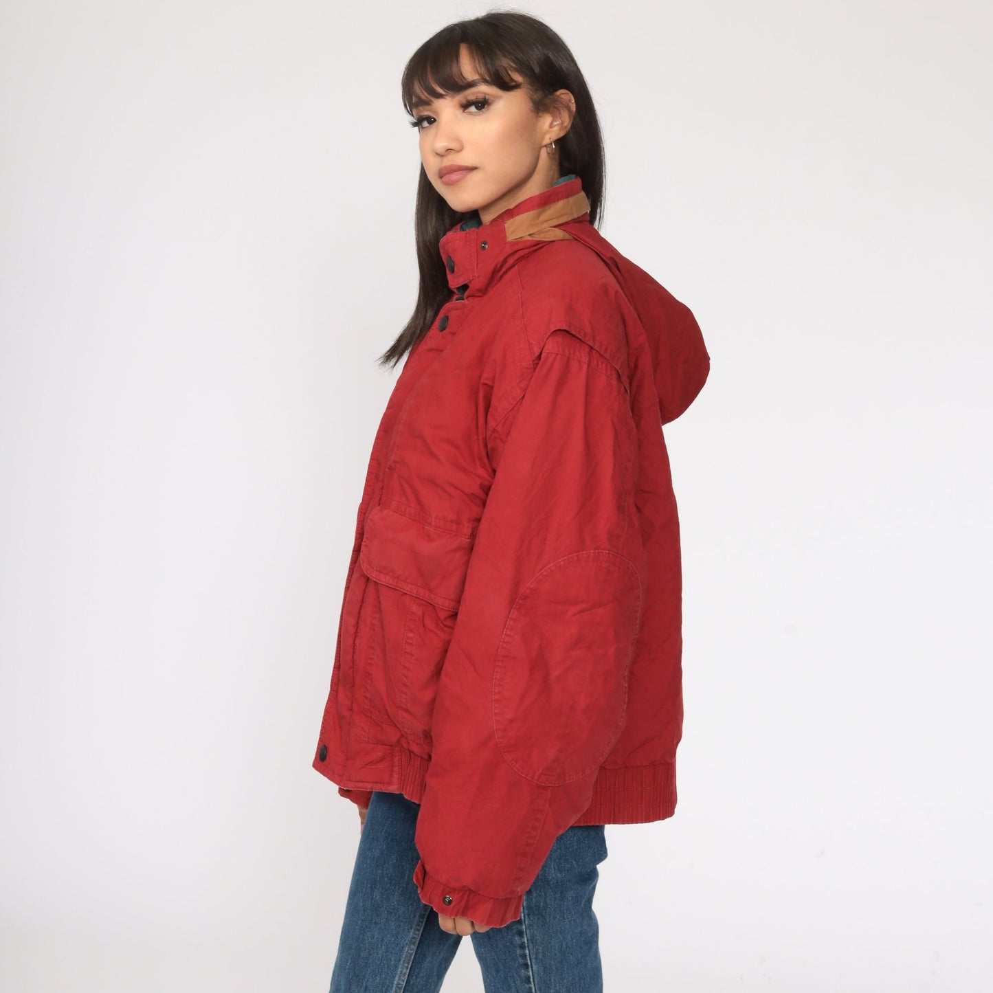 70s Red Down Puffer Ski Jacket Hooded Zip Coat Medium