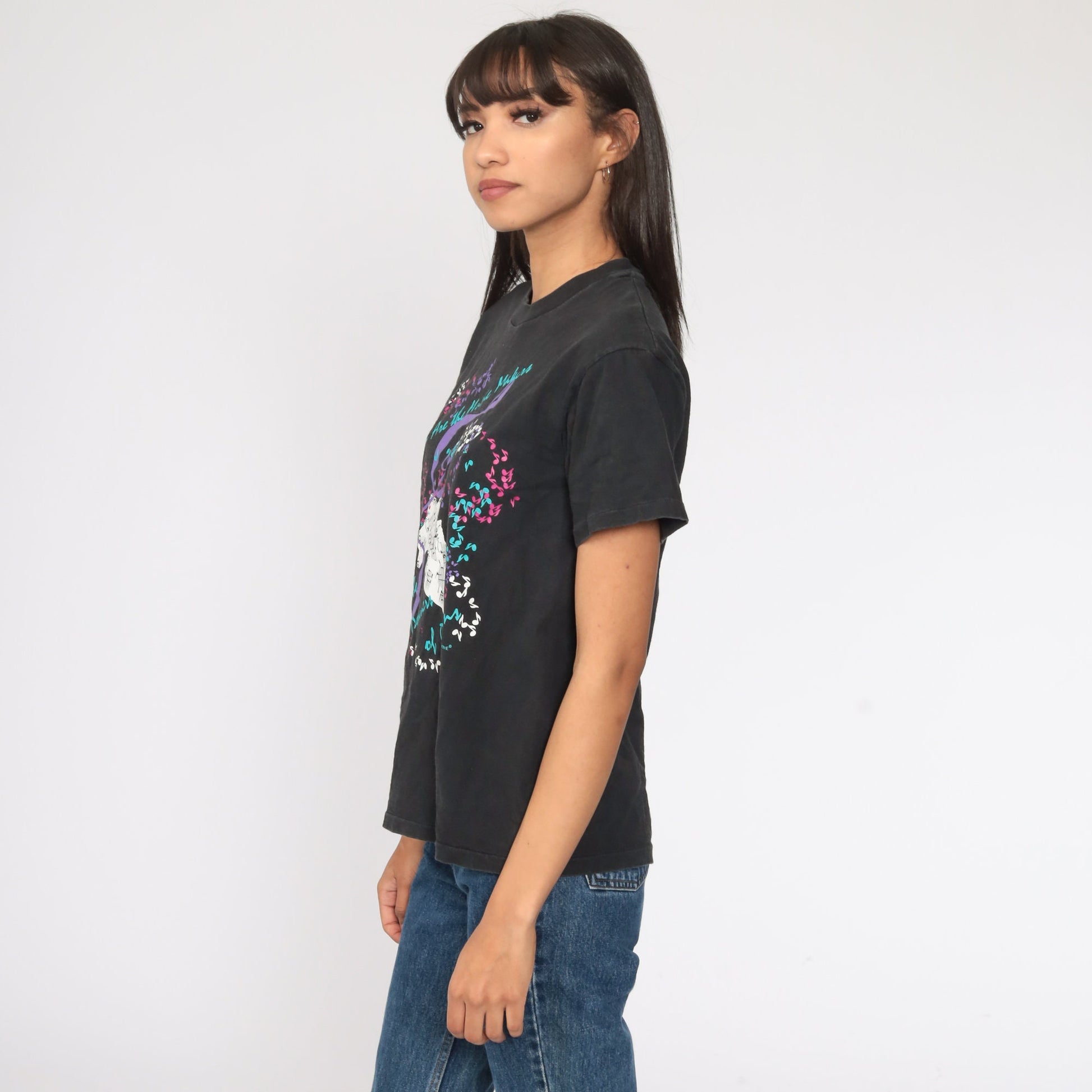 90s Hanes Music Note Graphic T-Shirt Black Cotton Tee Extra Small