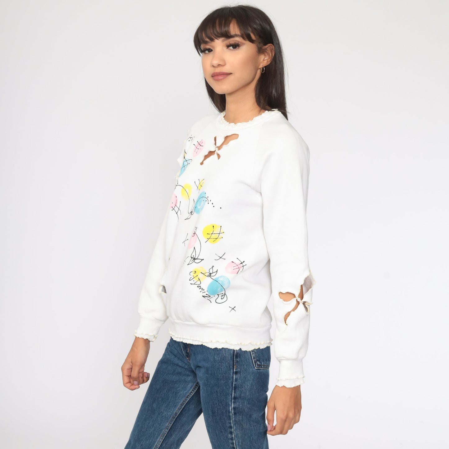 80s Floral Cutout White Raglan Sweatshirt Crewneck XS
