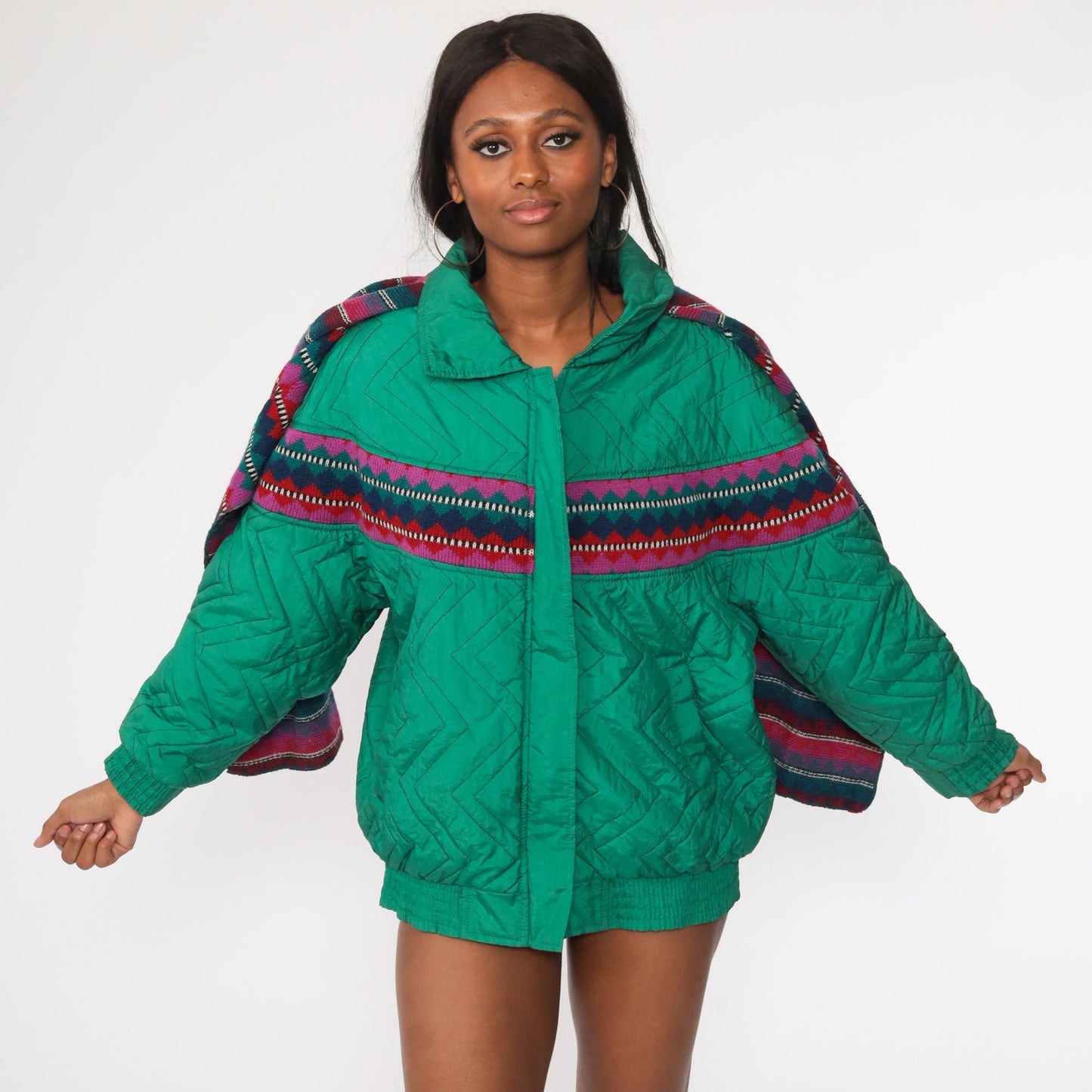 80s Green Puffer Ski Jacket with Attached Knit Scarf Large L