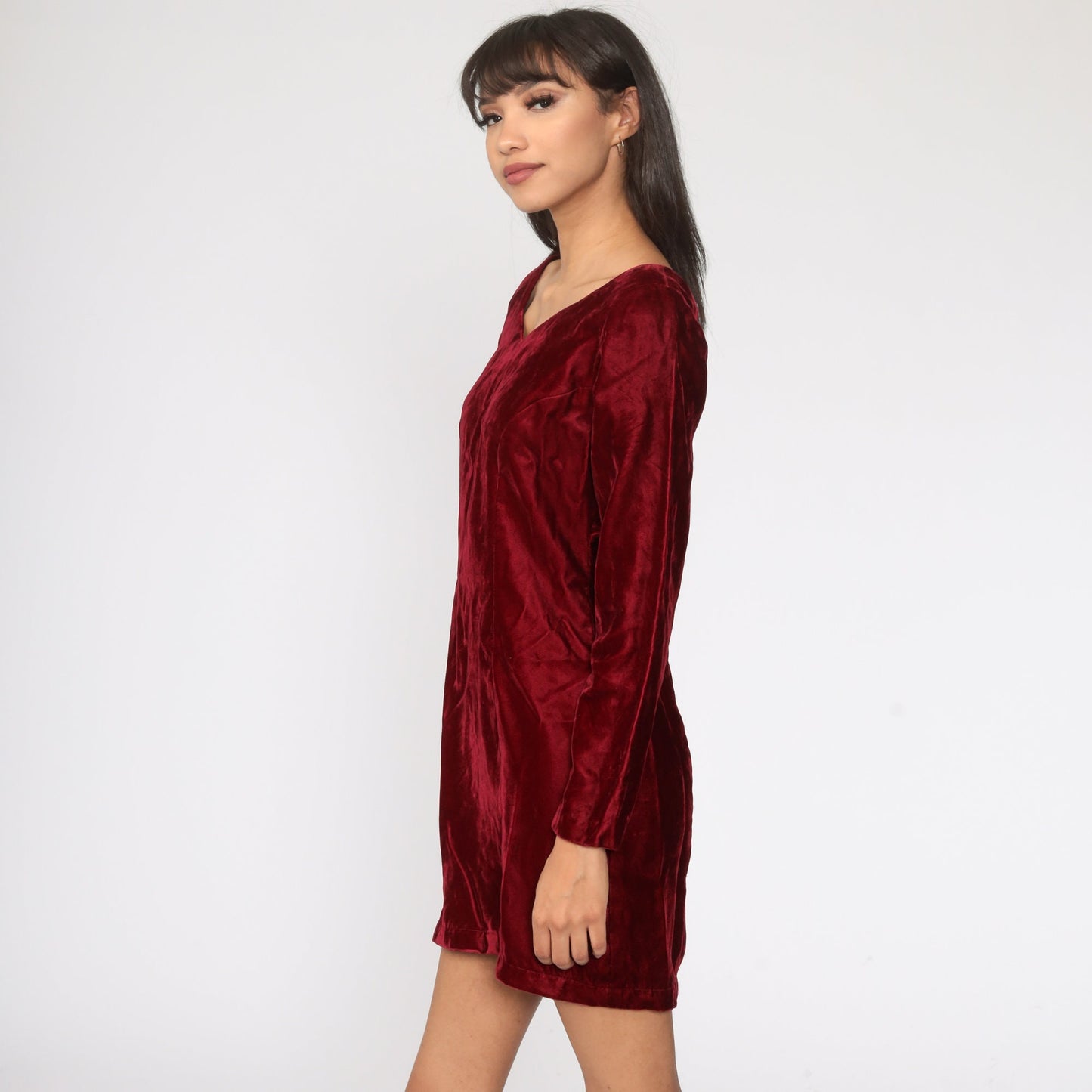 60s Red Velvet Mini Dress Long Sleeve Sheath Cocktail Small