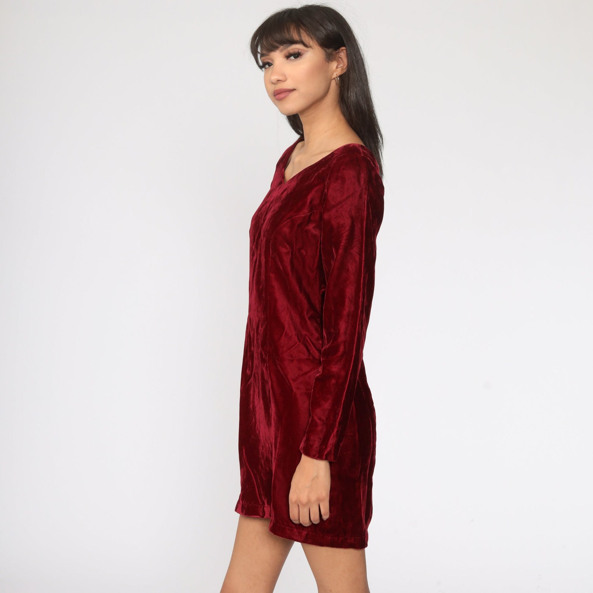 60s Red Velvet Mini Dress Long Sleeve Sheath Cocktail Small