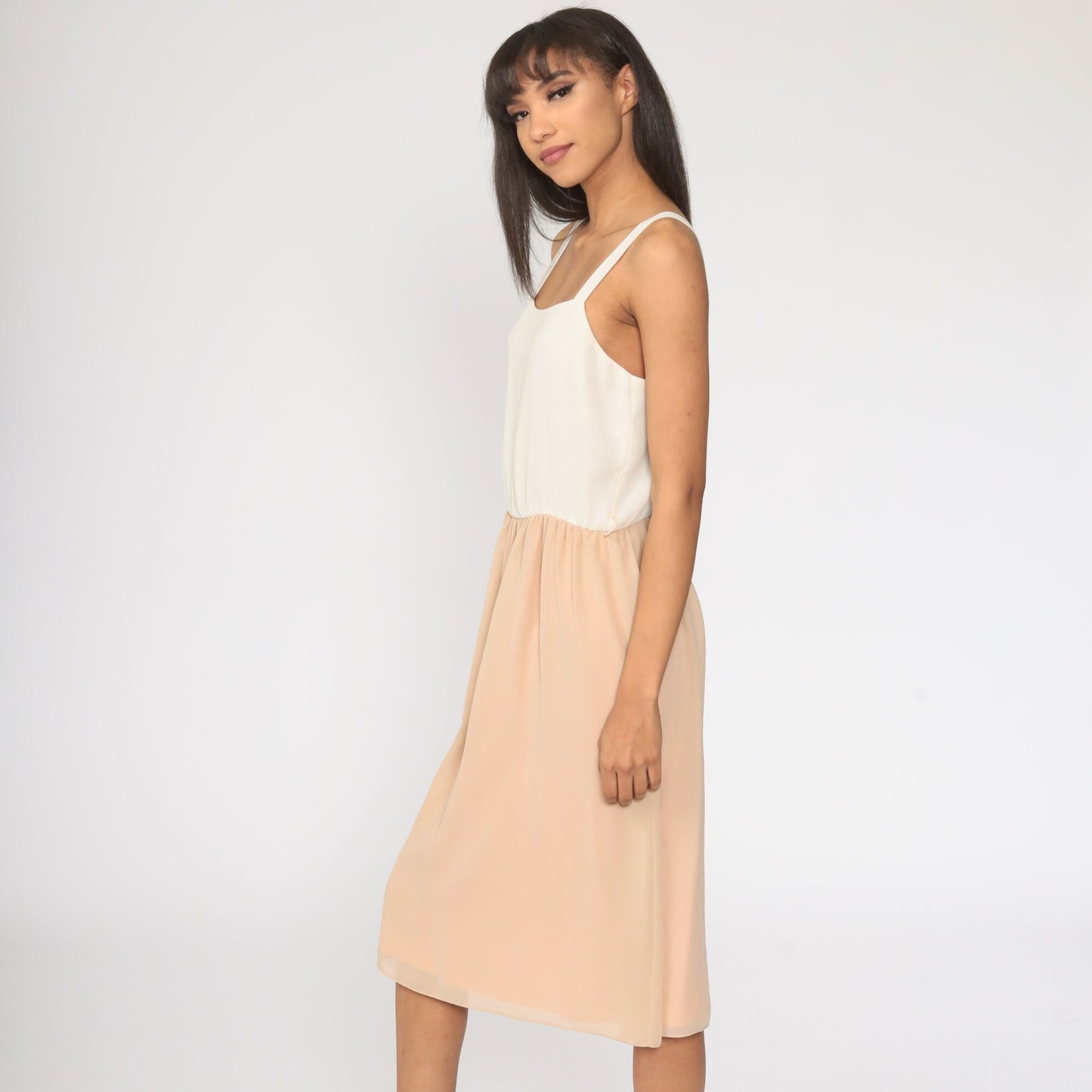 70s Off-White Tan Midi Sundress High Waist Sleeveless Tank Extra Small