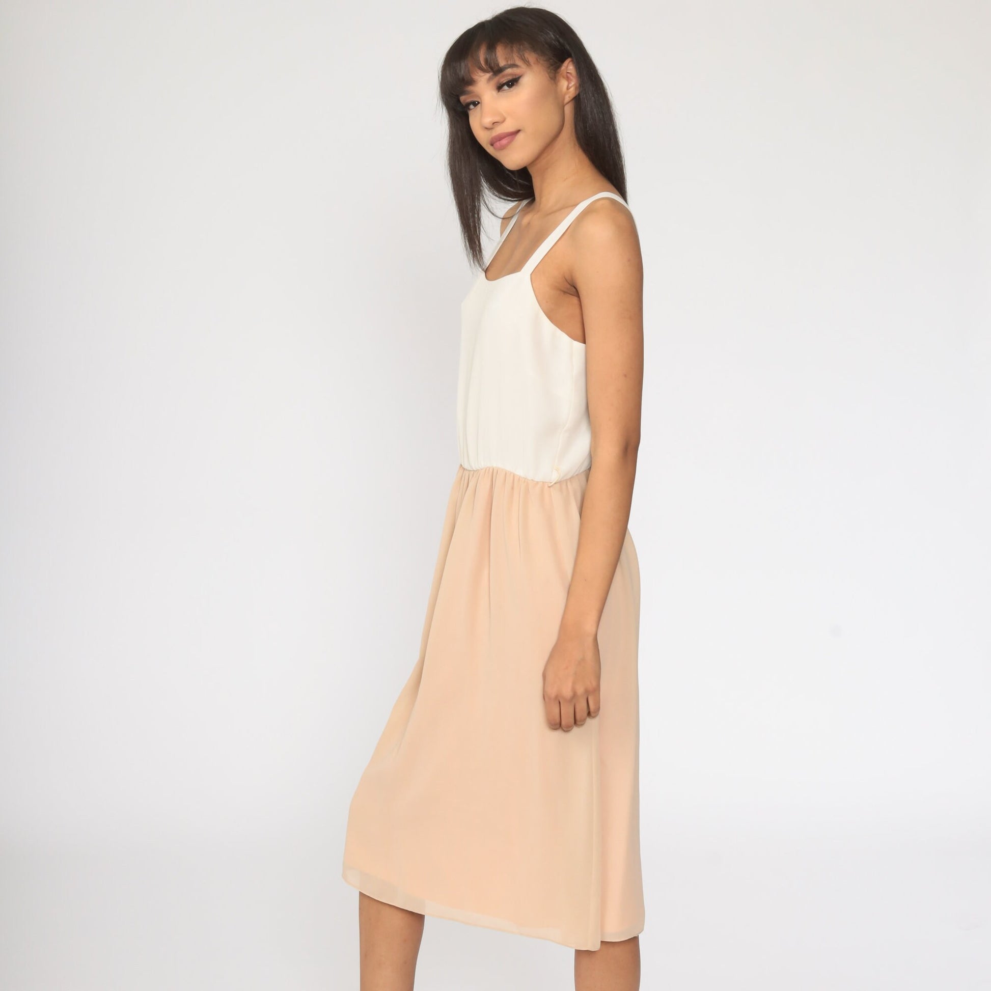 70s Off-White Tan Midi Sundress High Waist Sleeveless Tank Extra Small