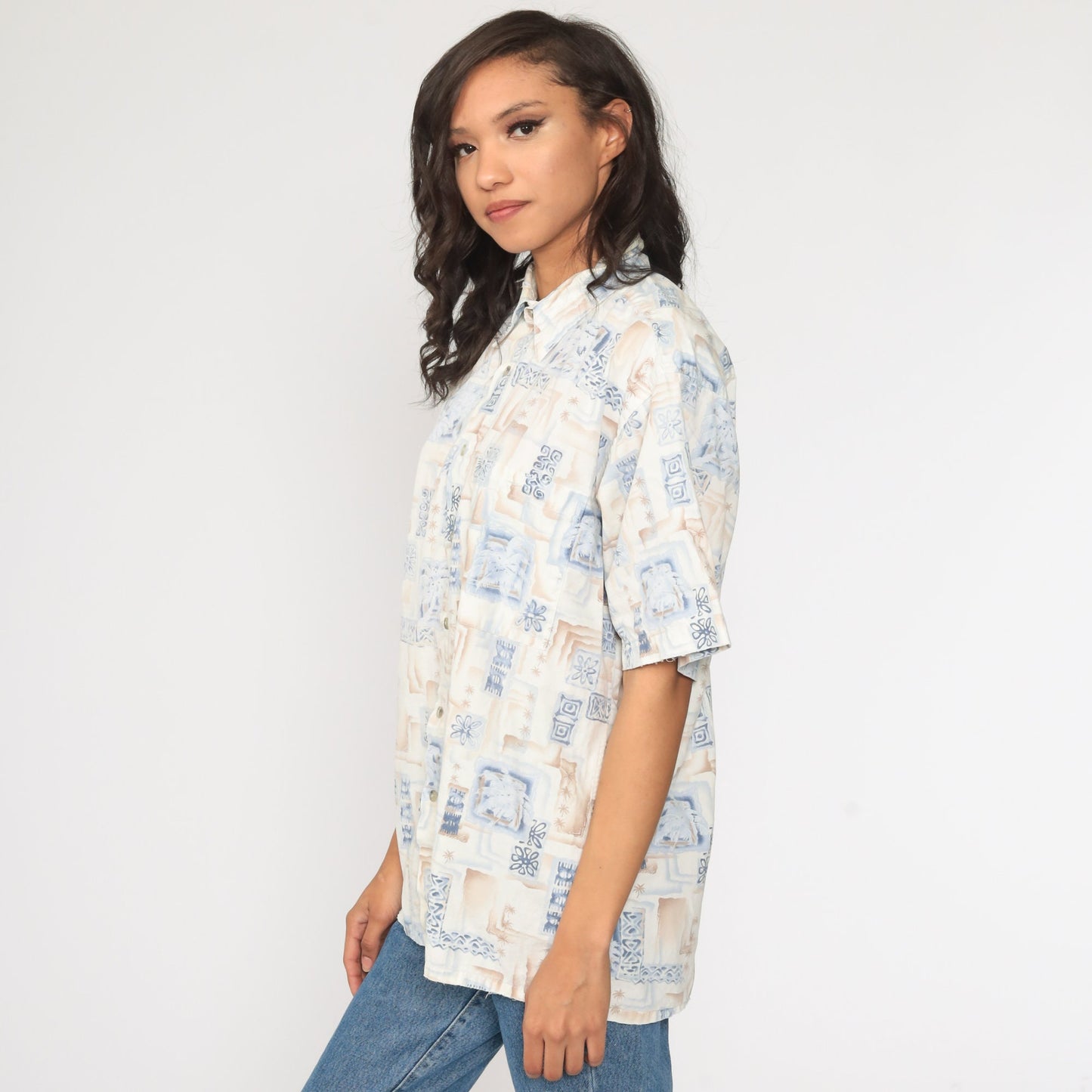 90s Pierre Cardin Hawaiian Shirt Palm Tree Print Cotton Button Up Large