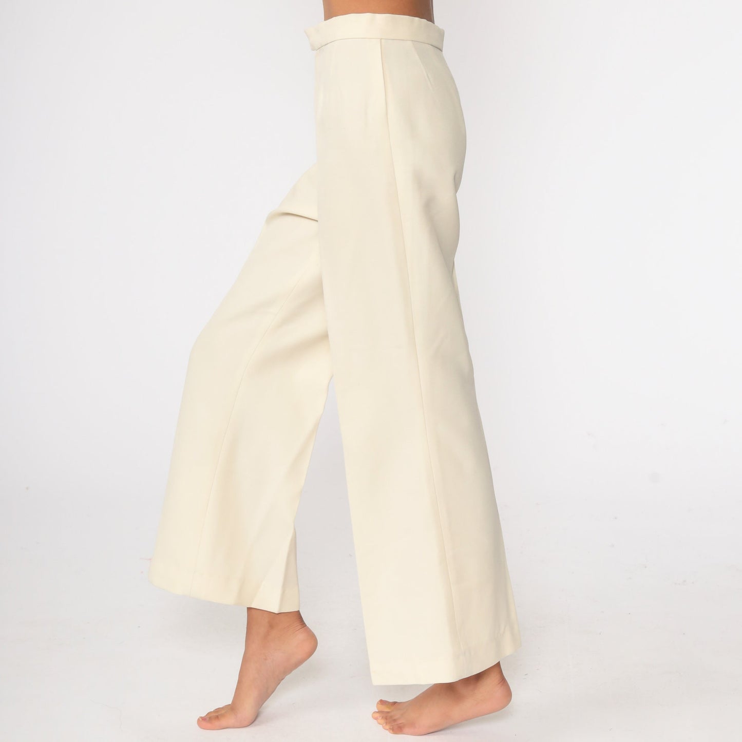 70s Cream Bell Bottom Trousers High Waist Vintage Pants Small 27