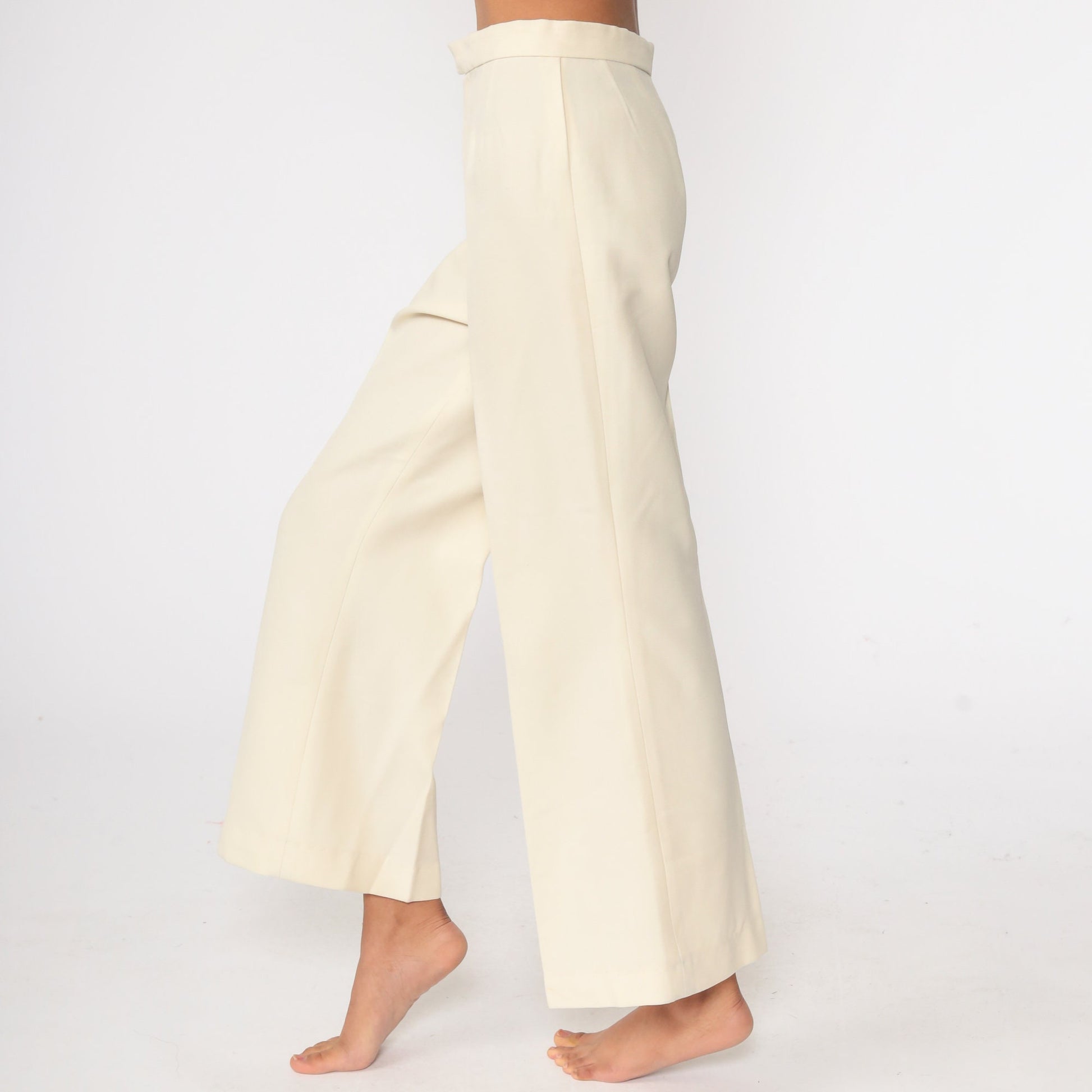 70s Cream Bell Bottom Trousers High Waist Vintage Pants Small 27