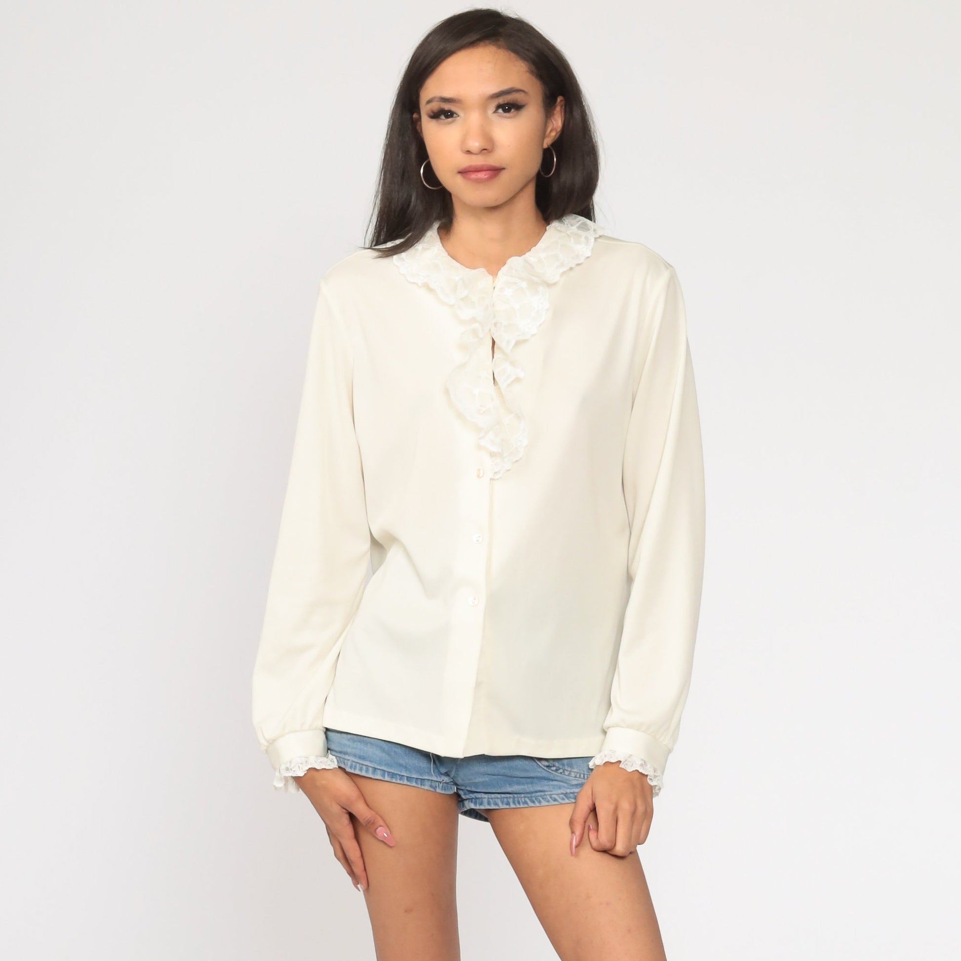70s Cream Lace Ruffle Blouse High Collar Long Sleeve Button Up Large