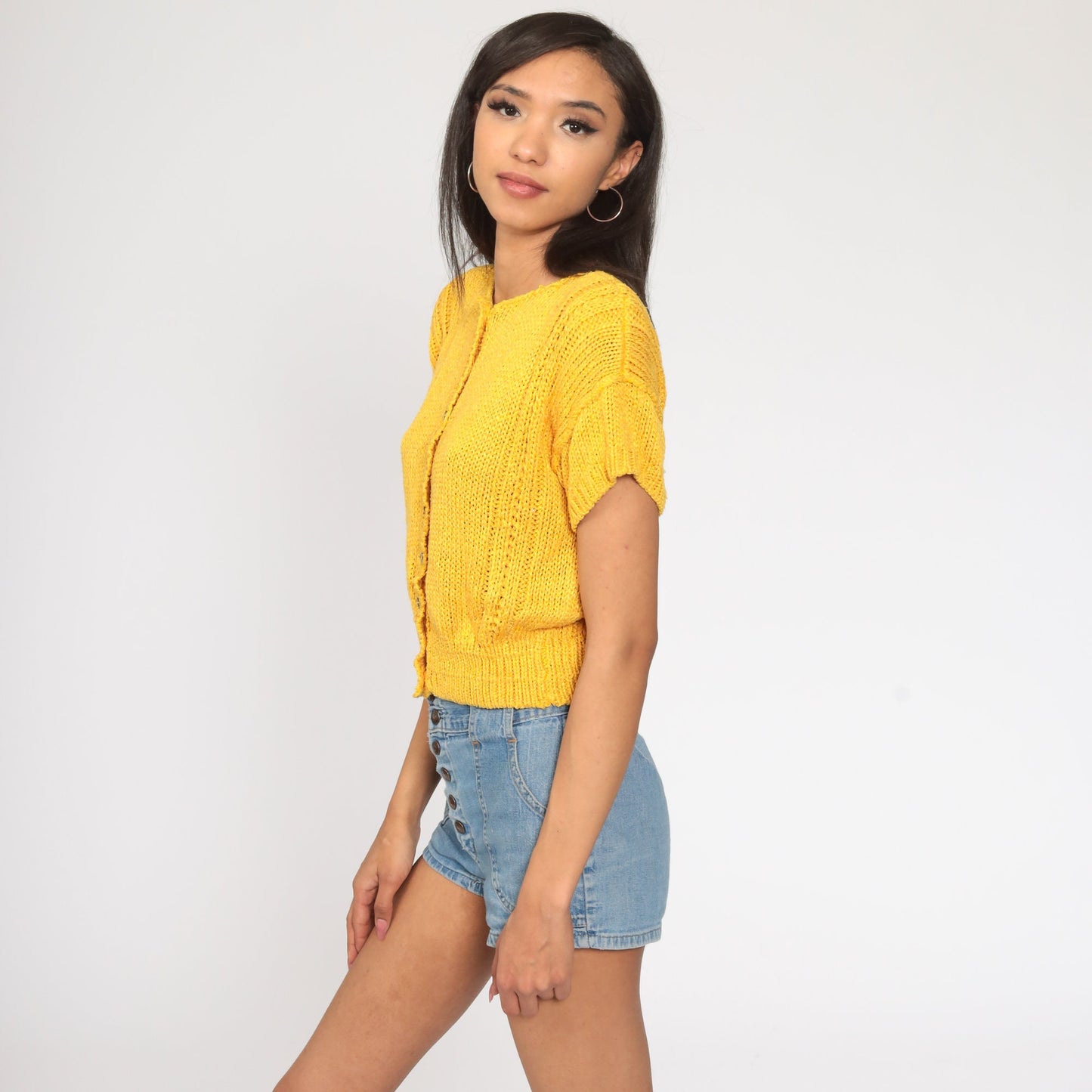90s Golden Yellow Knit Cardigan Button-Up Short Sleeve Small Medium