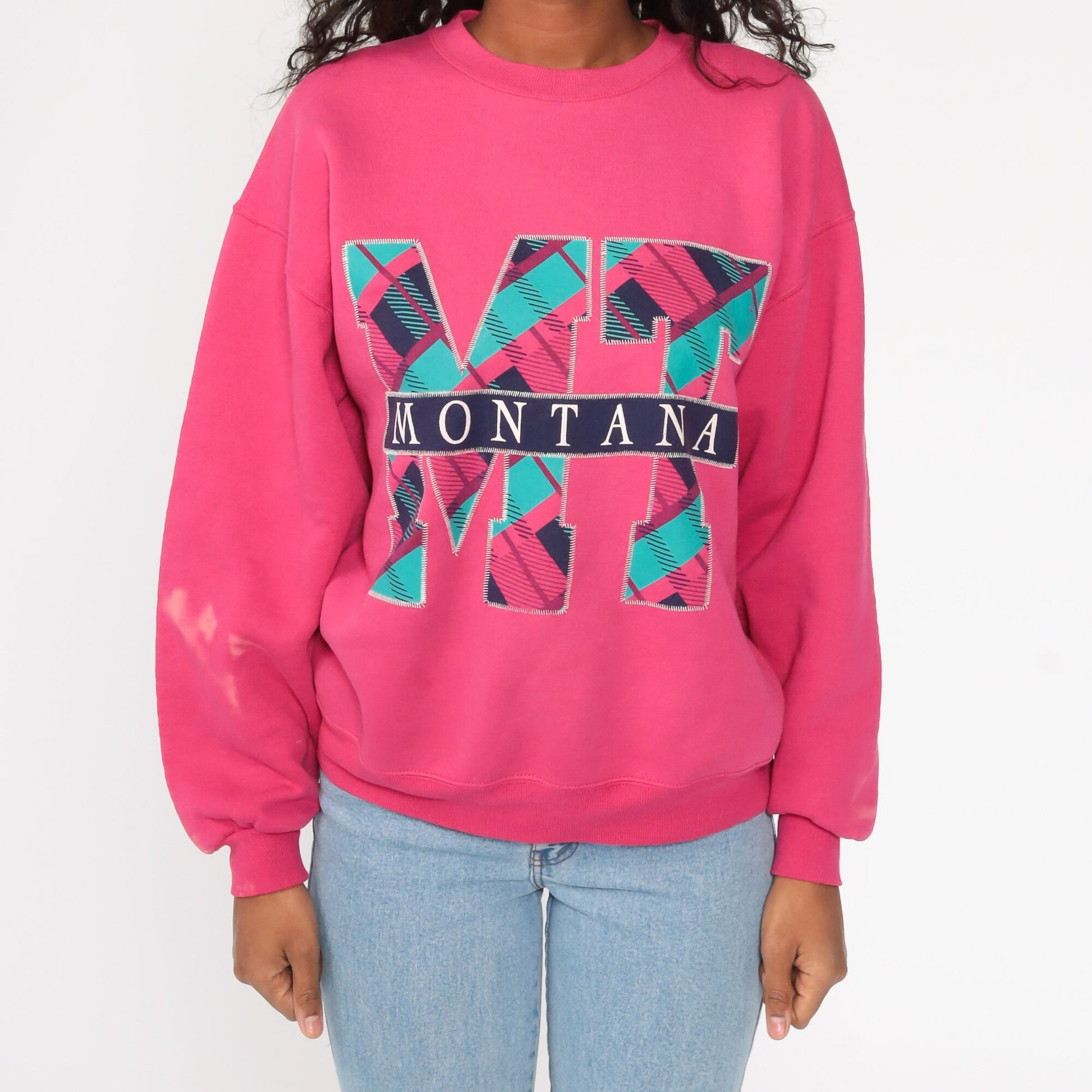 90s Jerzees Montana Graphic Sweatshirt Hot Pink Crewneck Distressed Large