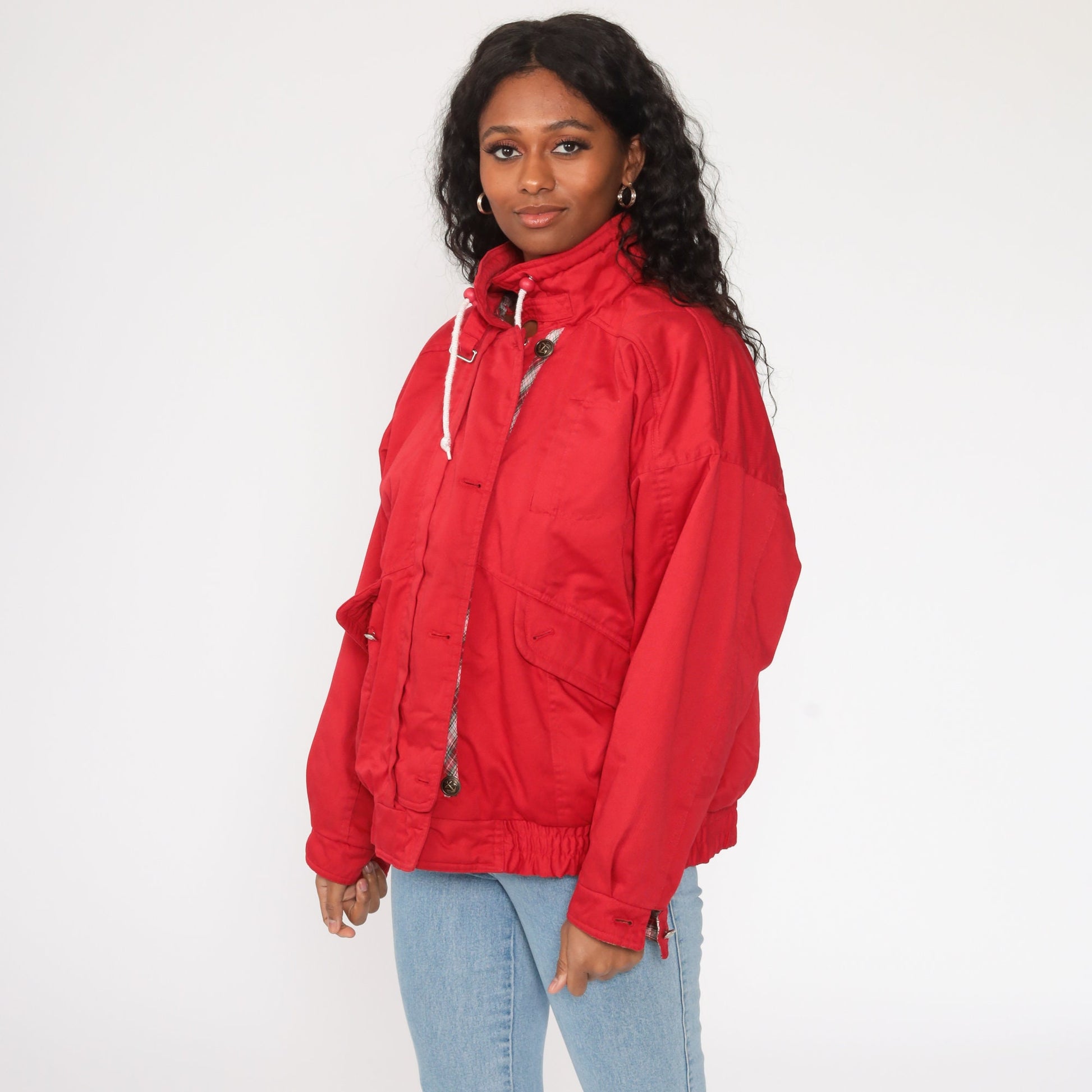 80s Red Windbreaker Jacket Plaid Lined Cotton Blend Large